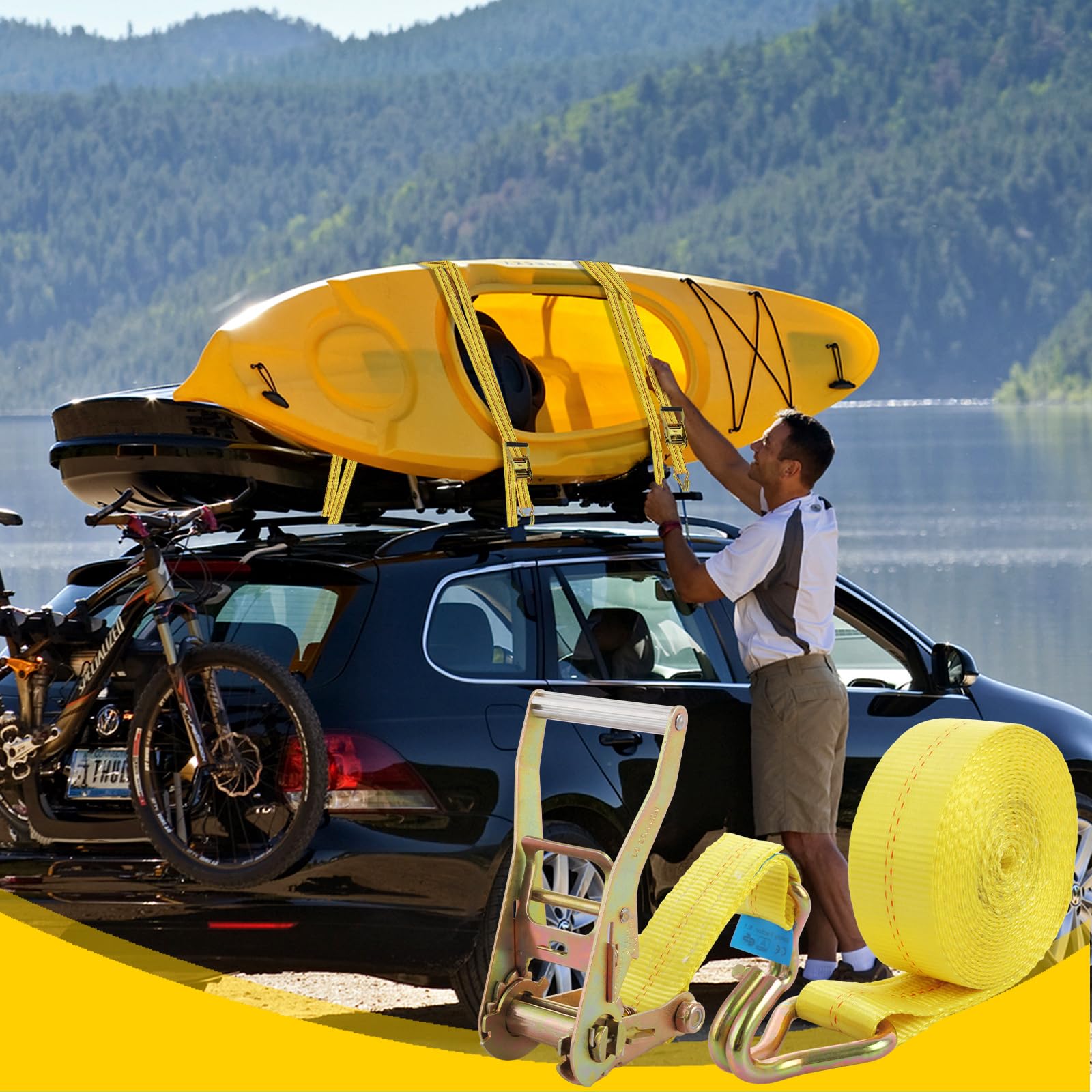 Set di 2 cinghie di fissaggio a cricchetto, 5 cm x 6 m, resistenza alla rottura, resistenti, cinghie di fissaggio con maniglia e gancio a J in metallo, per camion, auto, moto, colore giallo