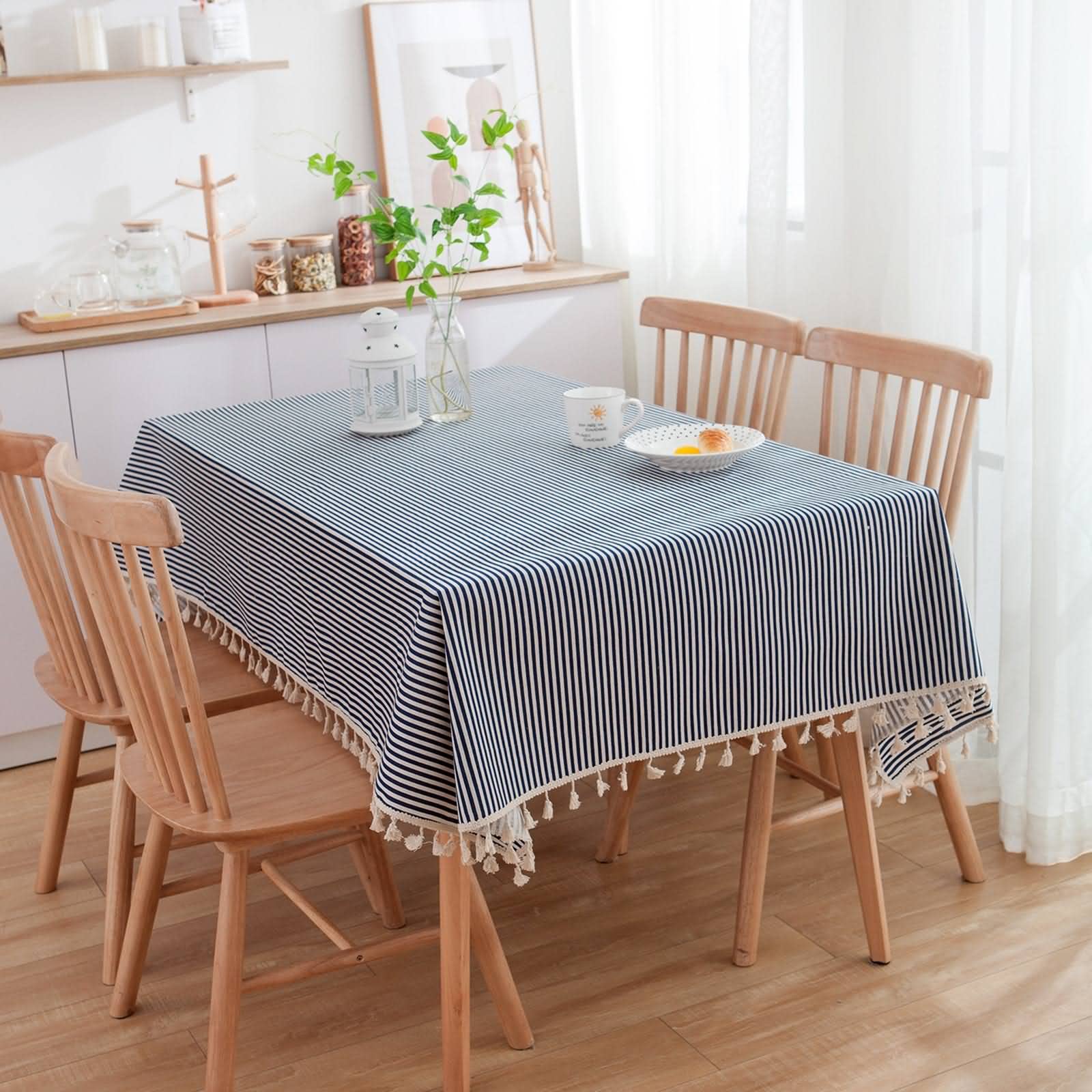 Tovaglia quadrata moderna con strisce blu navy elastico misto cotone lino 140 x 300 cm tovaglia per cucina e sala da pranzo elegante bordo nappa