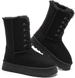 Uoidru Women's Snow Boots Mid-calf Boot Lace-up Winter Boots for Women Fur Lined Boot Womens Suede Platform Snow Boots