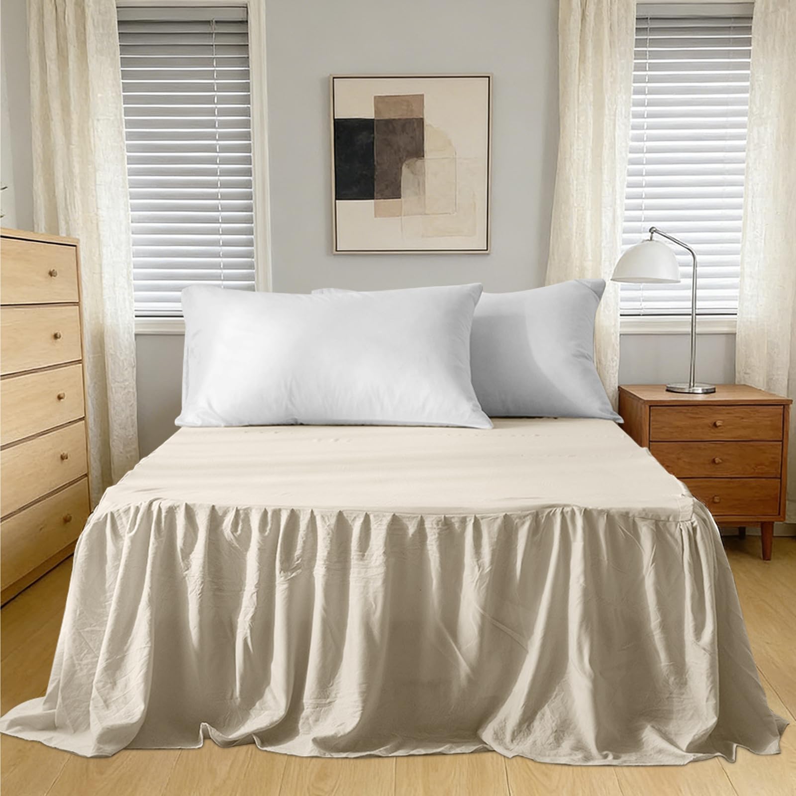 Volant Cache-lit élégant avec volants Wrap Around Style Jupe de lit à envelopper Housse de lit Ruffled Solid Bed Rock (140 x 200 cm, hauteur 45 cm) Beige