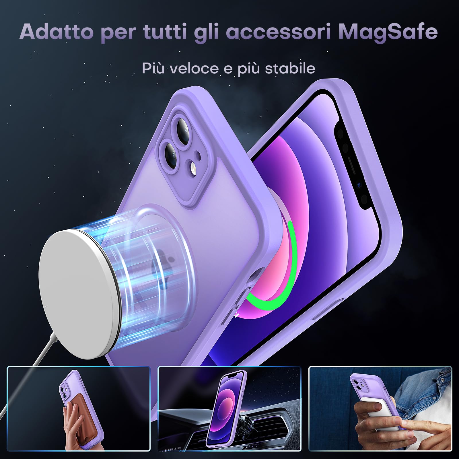 TOCOL Cover Magnetica per iPhone 12 6,1 Pollic, Compatibile con MagSafe, Protezione Fotocamera Integrata, Custodia Antiurto Traslucida Opaca, Viola Chiaro