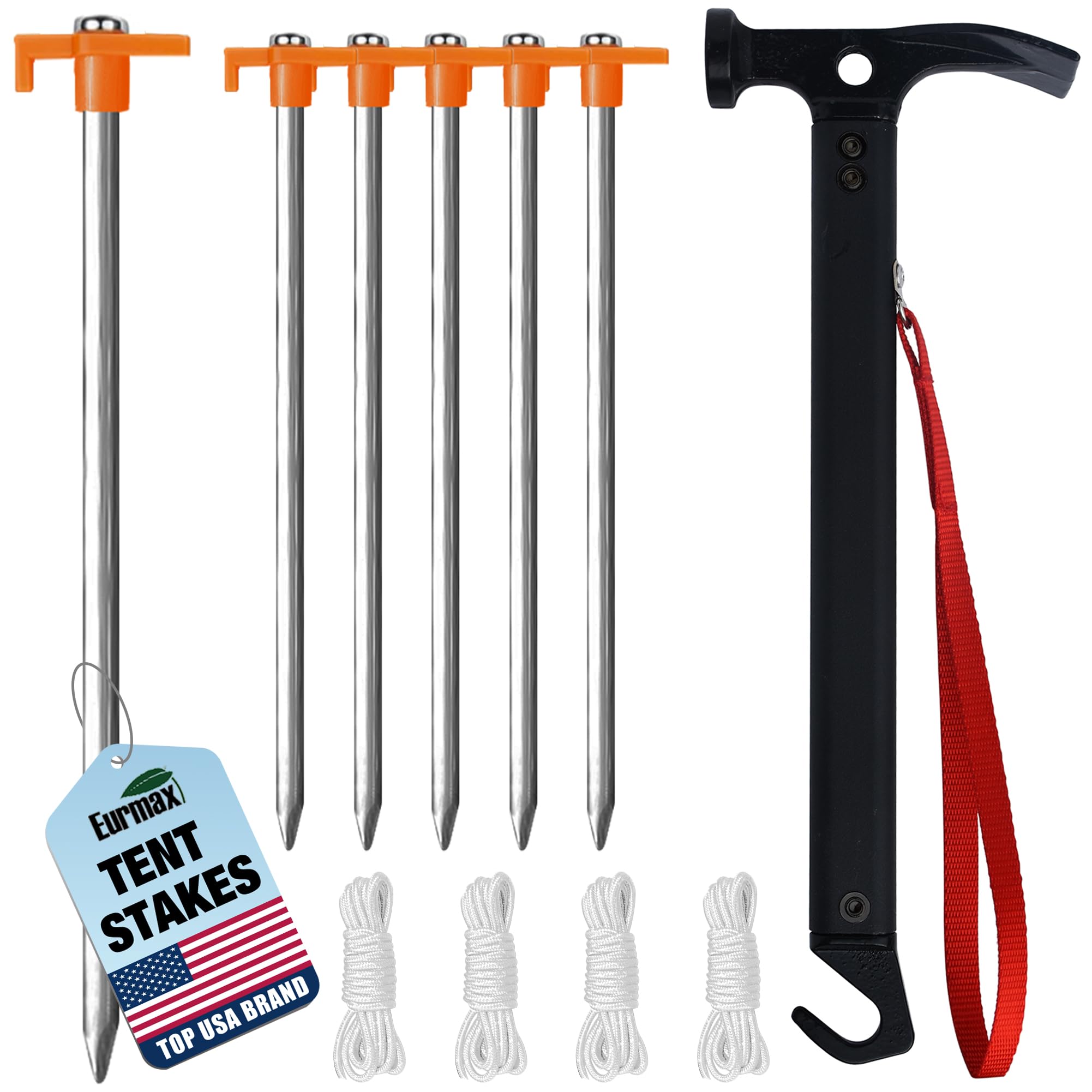 Eurmax USA Hiking Camping Tent Stakes and Hammer Set Lightweight Multi-Function Tent Hammer with Tent Stake Remover,Tent Pegs for Camping, Hiking, Backpacking, Gardening(Orange Stopper Stakes)