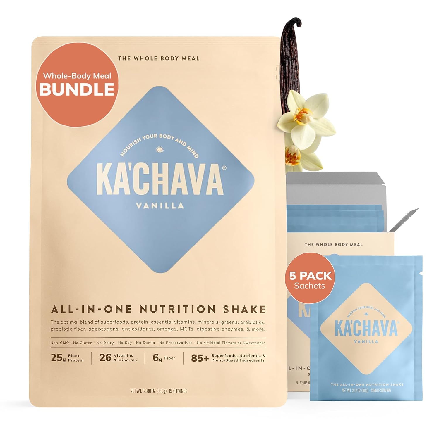 Ka’Chava Whole Body Meal Shake Bundle – Vanilla 2lb Bag + Vanilla Travel Sachets (5 Servings) – Vegan Protein Powder with 85+ Superfoods – Gluten Free Plant-Based Meal Replacement