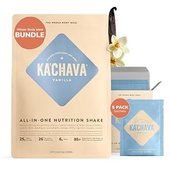 KaChava Whole Body Meal Shake Bundle Vanilla 2lb Bag + Vanilla Travel Sachets 5 Servings Vegan Protein Powder with 85+ Superfoods Gluten Free Plant-Based Meal Replacement
