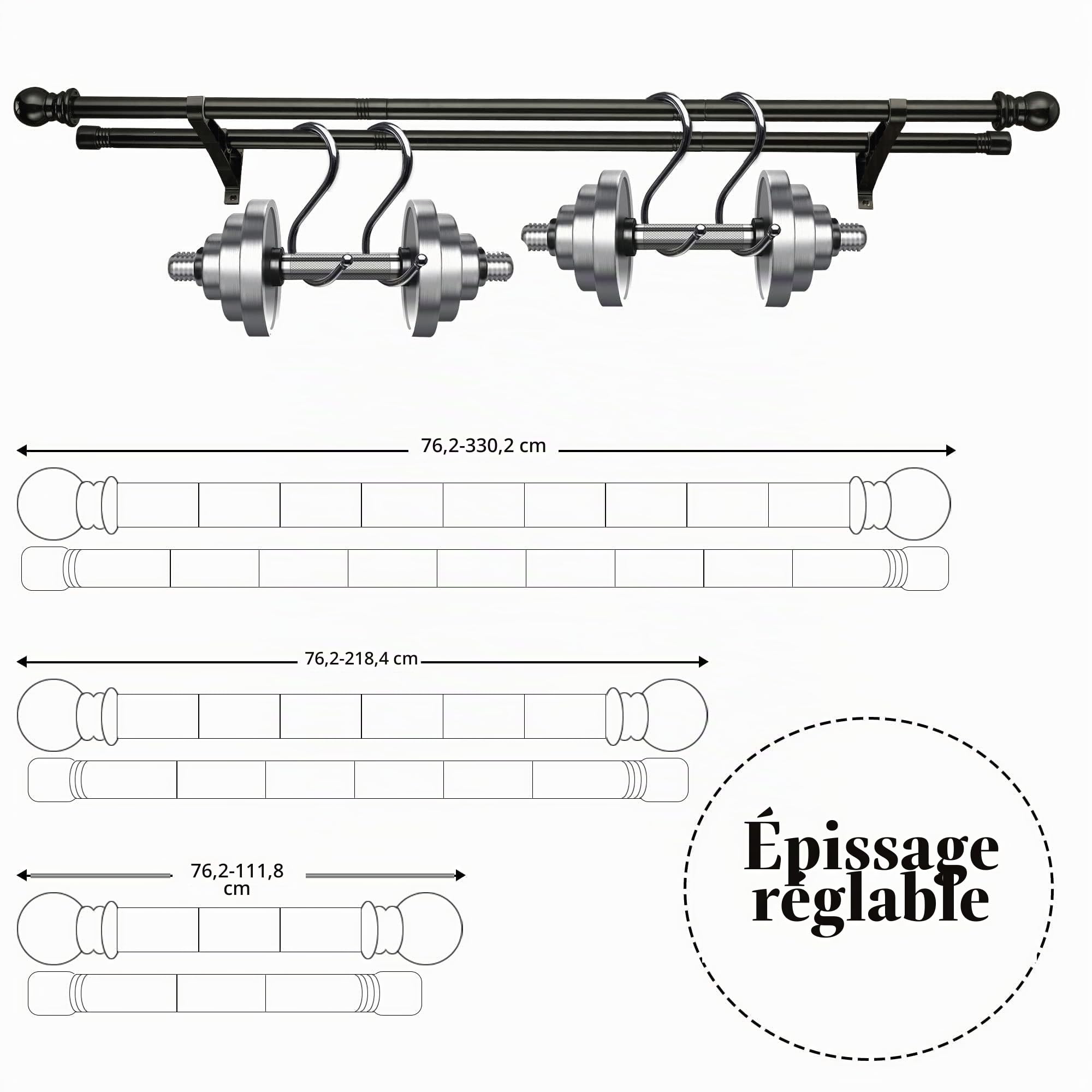 Harms Tringle à rideaux double extensible en métal pour rideaux à œillets et rideaux occultants Noir 76-222 cm
