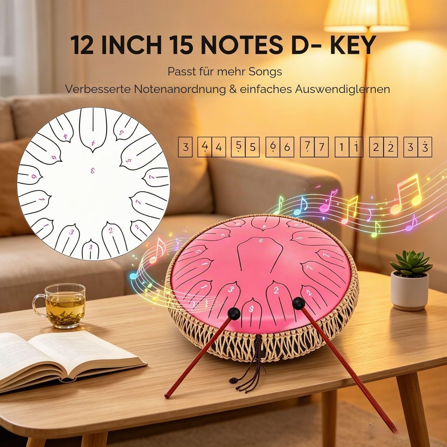 Musfunny Zungentrommel Handpan Steel Tongue Drum: 12 Zoll 15 Tone Stahlzungentrommel D-Dur Handpan Instrument mit Musikbuch Tragetasche für Geburtstagsgeschenk Meditation Yoga (Rosa)