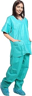 AMZ Medical Supply Disposable Scrubs Top and Bottom, Teal Disposable Suit, Waterproof and Anti-Static 42 GSM SMS Medical Suit