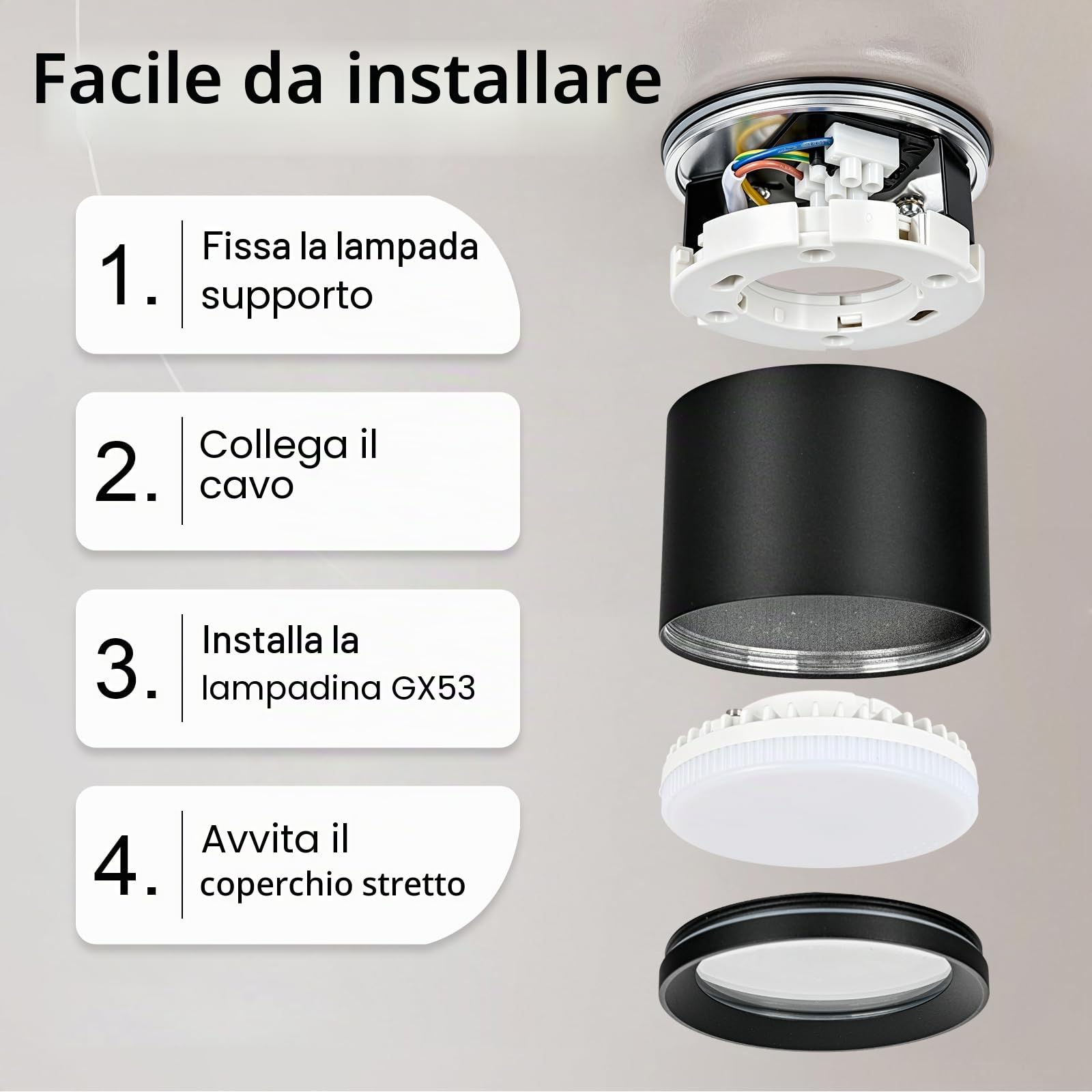 KYOTECH Faretti LED Soffitto IP44 - Ø84*65mm GX53 Faretto LED Interno - 6W 550LM 4000K Lampada da Soffitto - Alluminio Nero Spot per Bagno Soggiorno Cucina Corridoio Set di 4