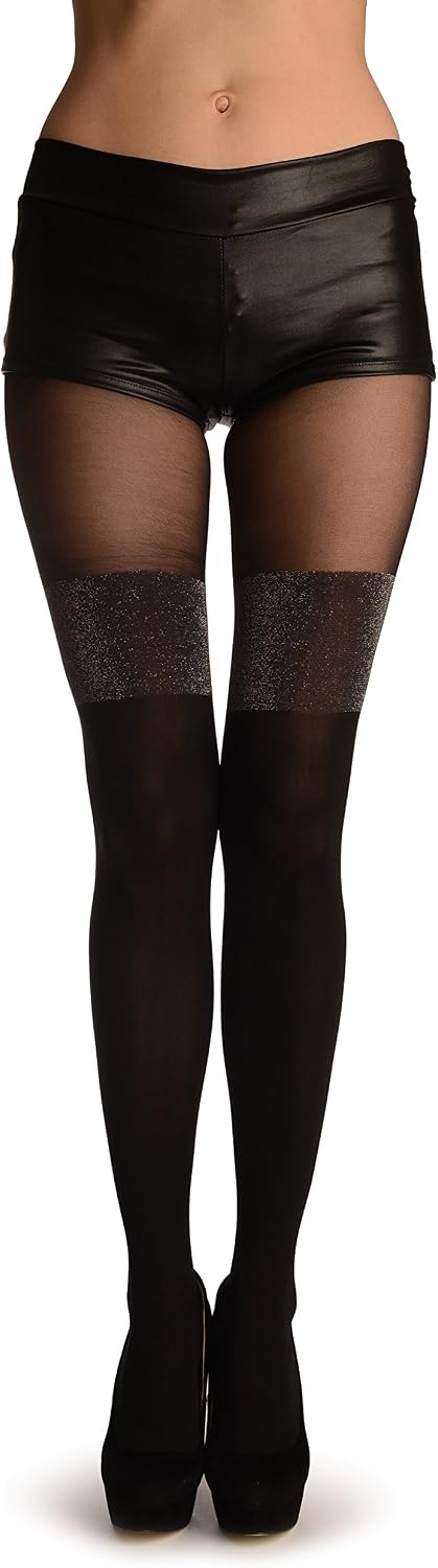 LissKiss Black Faux Stockings With Silver Lurex Top - Black Pantyhose (Tights)