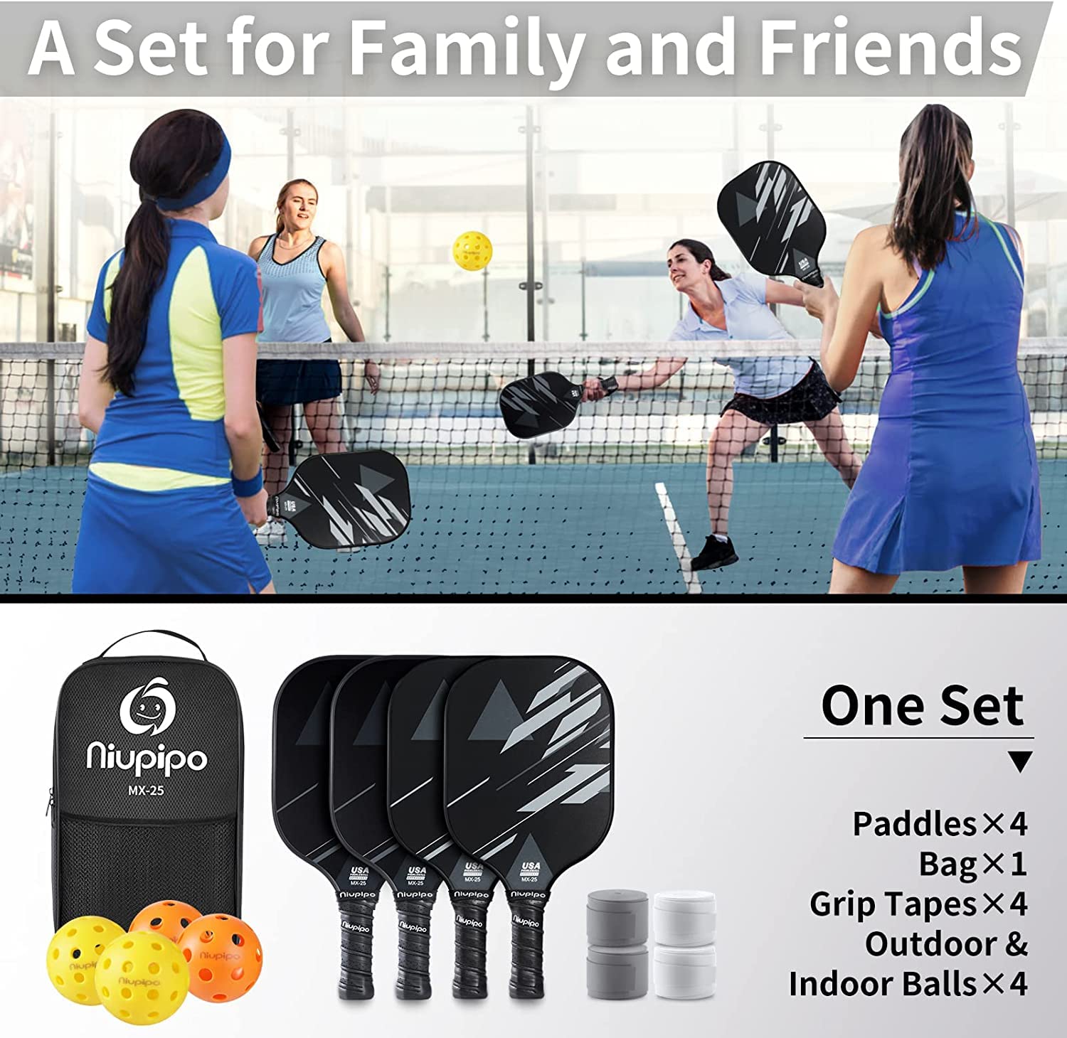 niupipo Pickleball Paddles, Pickleball Paddles Set of 2, Fiberglass Surface, Polypropylene Honeycomb Core, Cushion Grip, Lightweight Pickleball, Portable Carry Bag