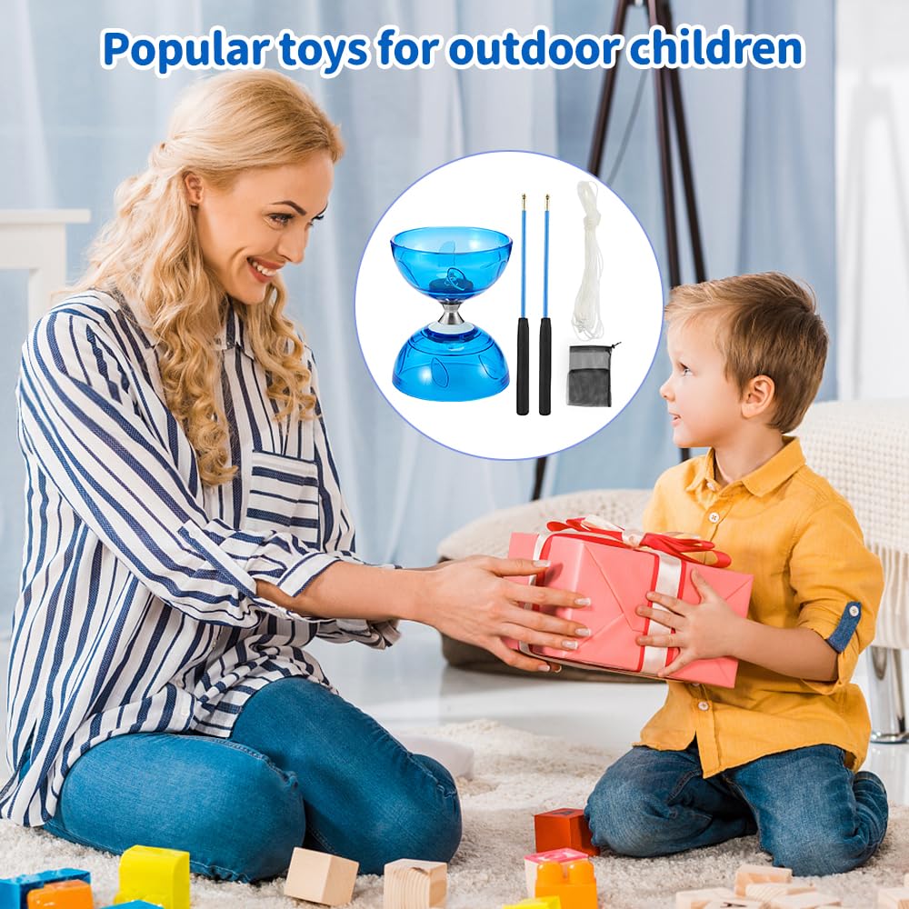 Diabolo Freiläufer mit kugellager Dreifache Lagerung Set, Diabolo mit Kugellager, Diabolos Leuchtend im Dunkeln mit Stange, Netzbeutel, Ersatzseil 10m, Geschenk für Anfänger und Profis (Blau)