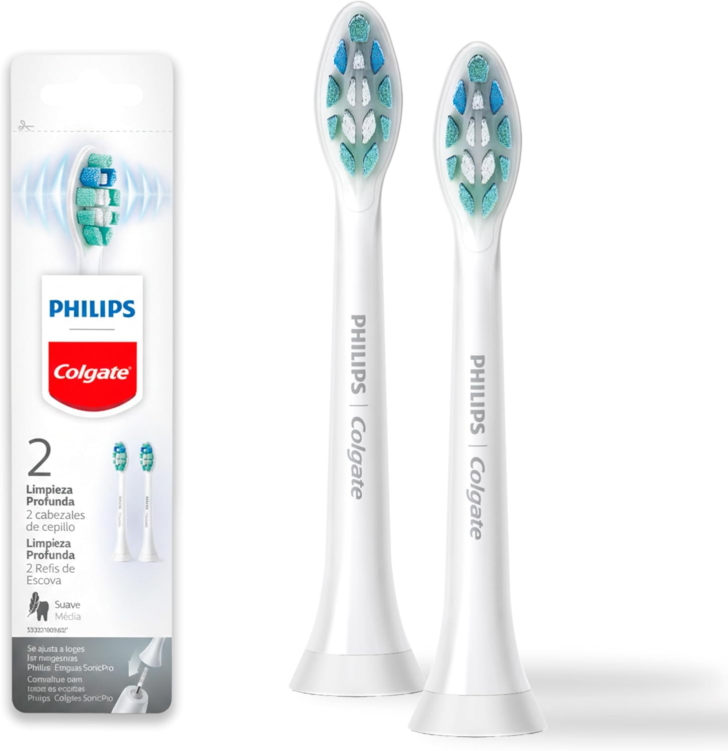 Philips Colgate Refil para Escova de Dente Elétrica Limpeza Profunda, Remove até 7x Mais Placa, Cerdas Macias, Sônica, Escova Elétrica Colgate, 2 Unidades