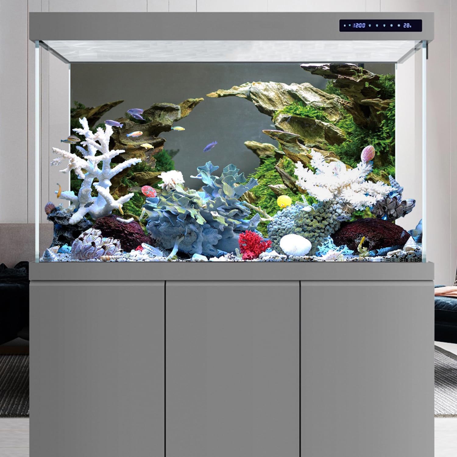 Sfondo Per Acquario In Vinile - 180x46cm, Design Pietra E Piante Acquatiche, Per Decorazione Vasca