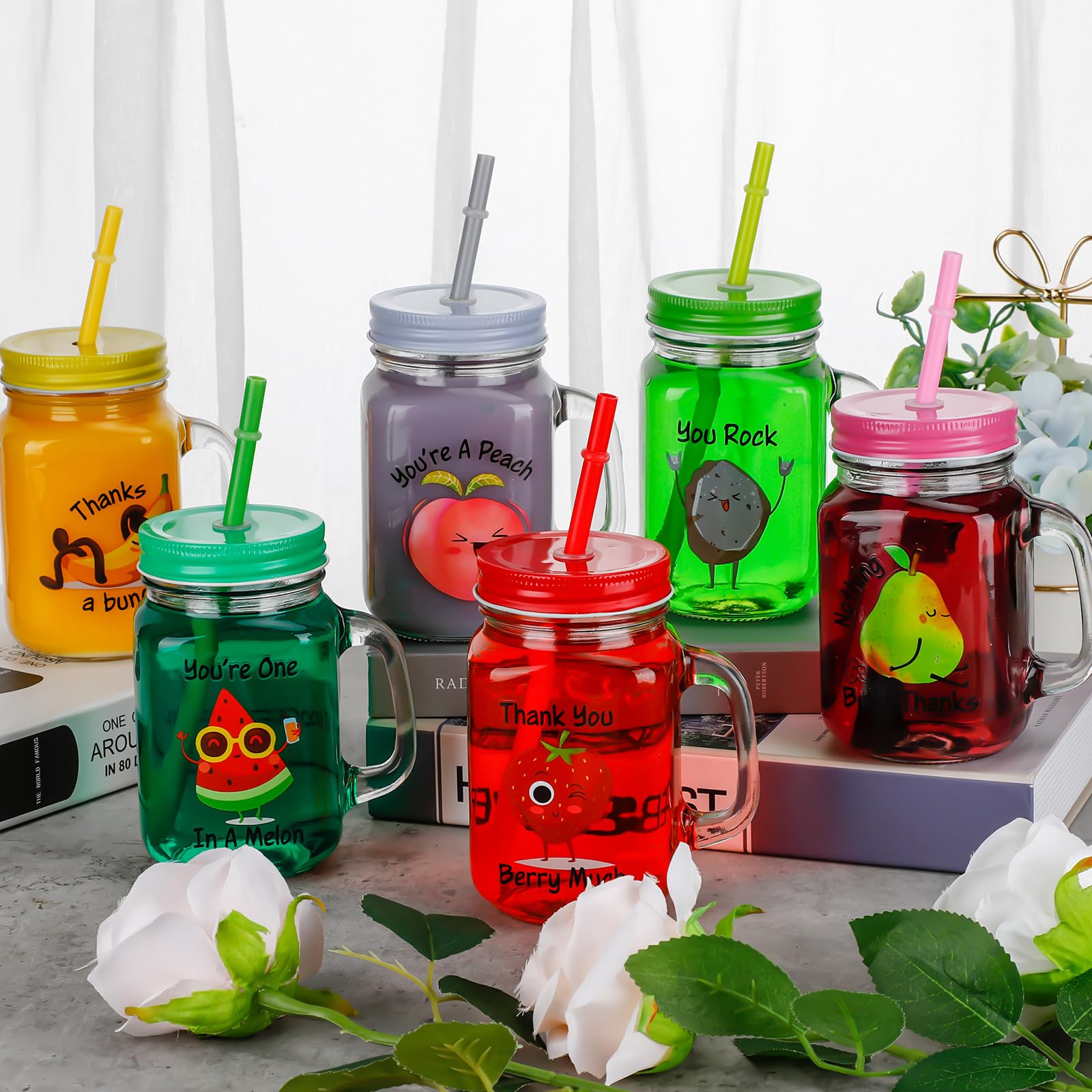 Mifoci 12 Stück Einmachglas-Trinkgläser, 473 ml, bedruckt, Obst-Einmachglas, Becher mit Deckel und Strohhalmen, Griffe, Becher, dekoriert, Mitarbeiter, Wertschätzung, Geschenk für Kinder, Erwachsene Küche, Haushalt & Wohnen