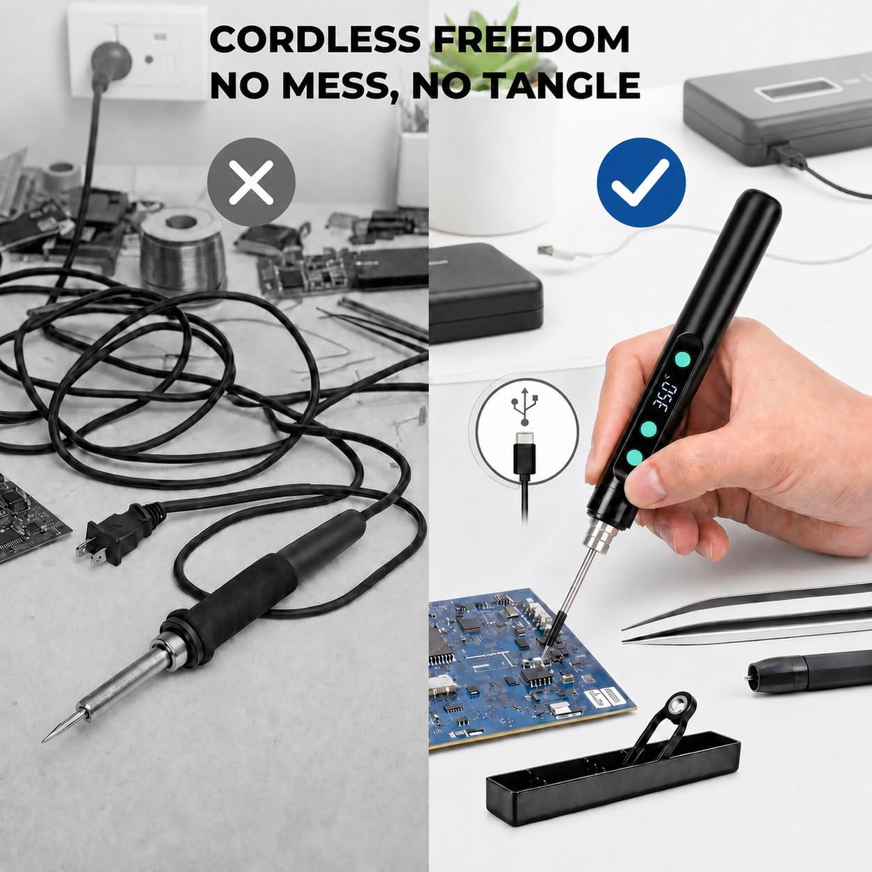 Cordless Soldering Iron, Digital Soldering Pen for Electronics, Black | 10s fast heat, 180-450°C adjustable temperature and USB rechargeable design for circuit boards, wires, repairs and DIY