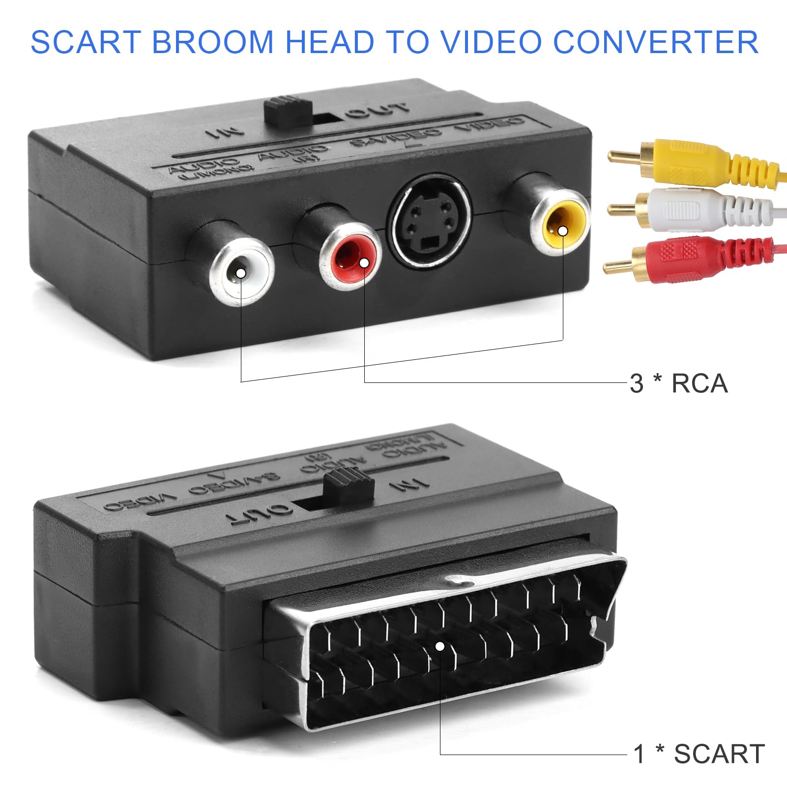 Adaptateur Péritel vers 3X in Out + S-Video S-VHS, Prise Peritel, Peritel Adaptateur, Connecteur Audio Vidéo en Noir pour une Transmission Optimale de l'Image et du Son, Idéal pour vos Appareils AV