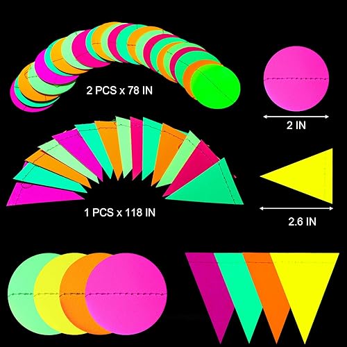 Miniatura 2 de Suministros de fiesta de neón brillante que incluyen guirnalda de papel de neón 20 piezas de borlas de papel neón y banderas triangulares de neón
