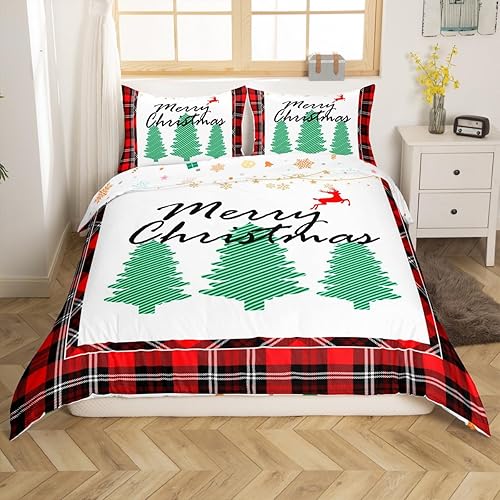 Miniatura 2 de Homewish Juego de funda de edredón de árbol de Navidad, tamaño Queen, juego de ropa de cama a cuadros rojos y negros, funda de edredón de rayas