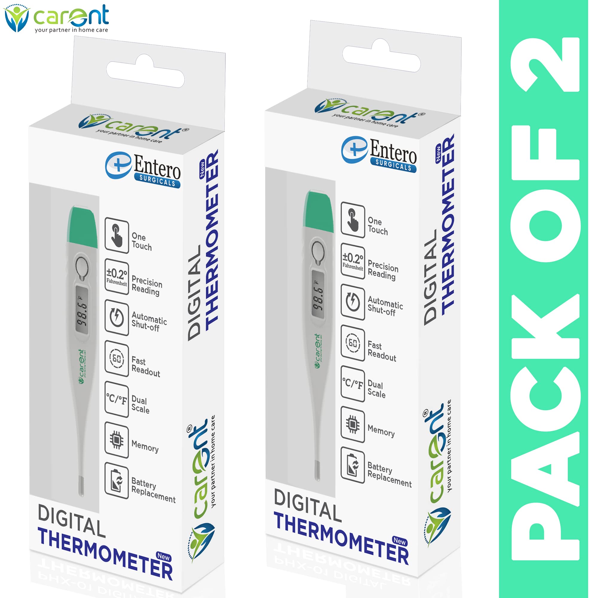 Carent DT-03 Waterproof Premium Digital Thermometer pack of 2 Body Fever Testing Machine for Kids Adults & Babies Thermometer with fever Alarm Thermometer (White and Green) - Image 7 thumbnail