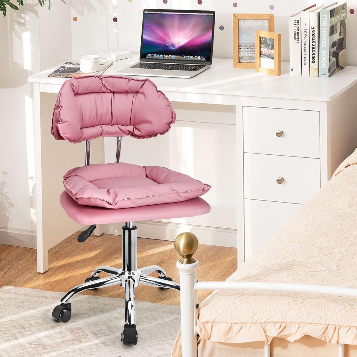 With Jostzaxin rolling stool backrest, home office rolling stool chair, thick seat cushion, nail shop salon spa massage tattoo, adjustable height for pink, pink chair, pink With Jostzaxin rolling stool backrest, home office rolling stool chair, thick seat cushion, nail shop salon spa massage tattoo, adjustable height for pink, pink chair, pink