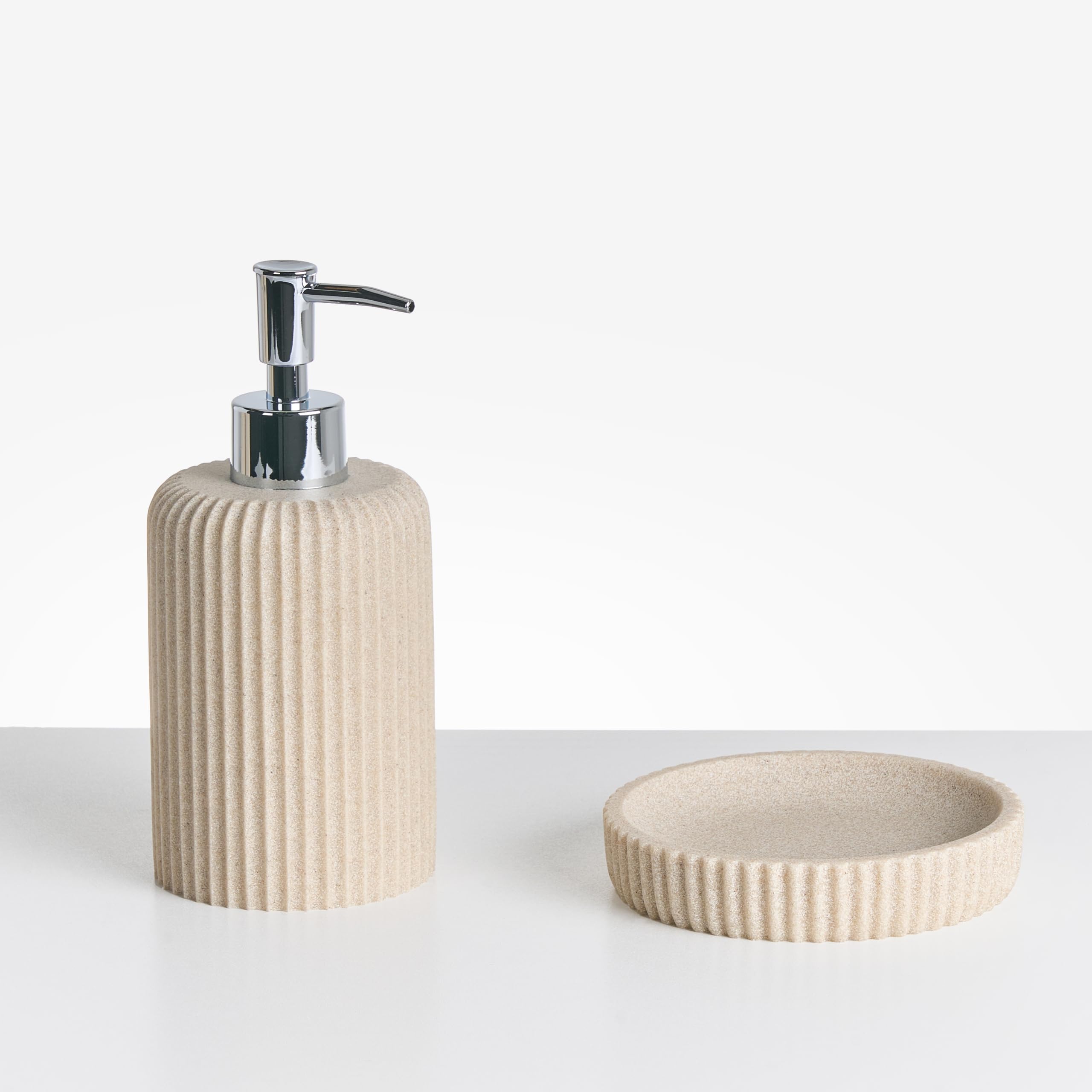 Conjunto de 5 Accesorios de baño jabonera dispensador de jabón escobilla de Inodoro Vaso Soporte para cepillos de Dientes Beige Claro Camana