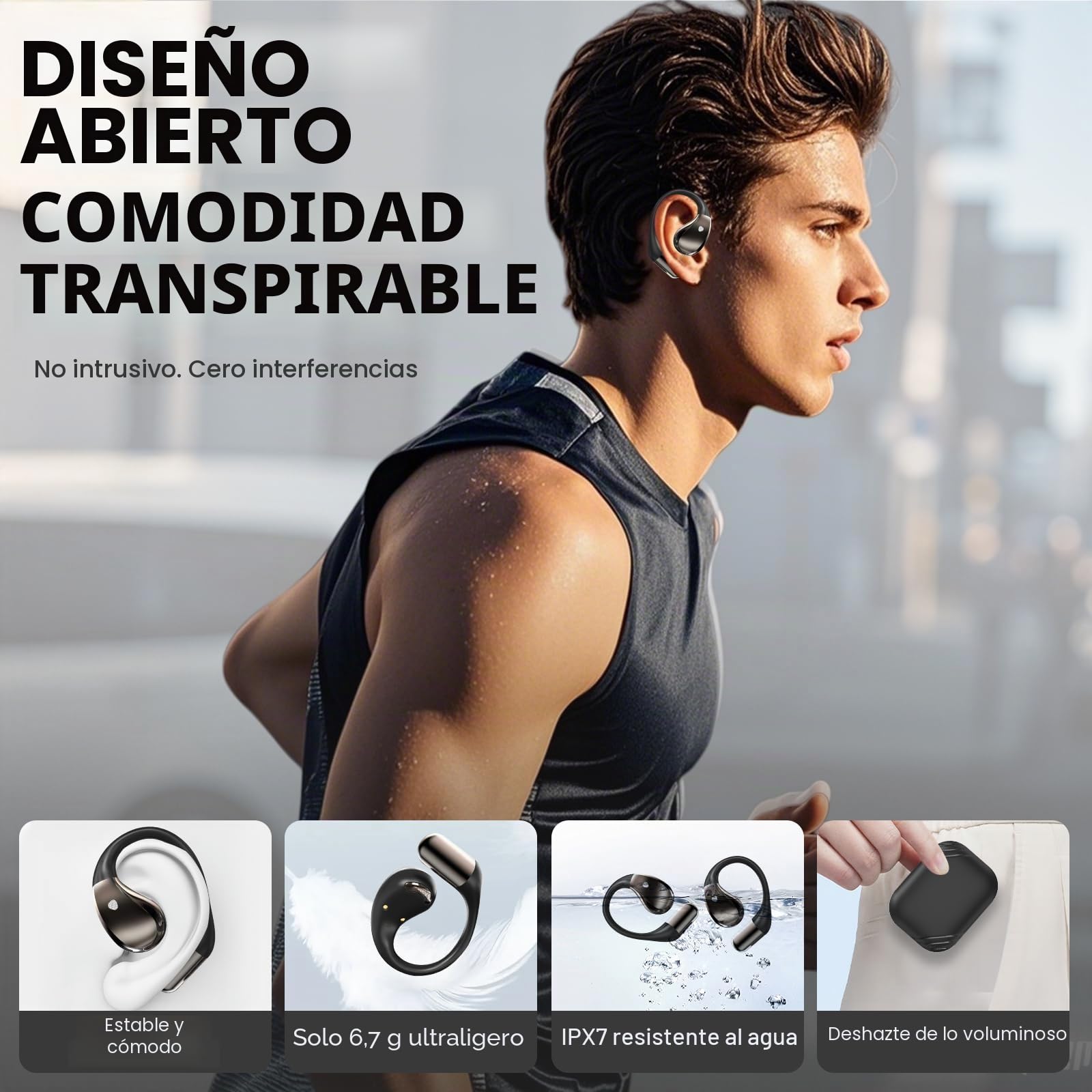 Auriculares inalambricos Deportivos, Bluetooth V6.0 lnalámbricos Cascos Hi-Fi Estéreo, 40H Llamada ENC HD Auriculares, Pantalla LED, IP7 Impermeable Auriculare Oreja Abierta para Sport/Running, Negro