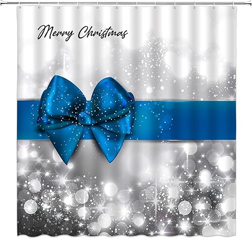 Miniatura 8 de YSATNSFT Cortina de ducha de Feliz Navidad, Año Nuevo, lazo púrpura, satén brillante, plateado, con estampado navideño, tela de decoración de baño,