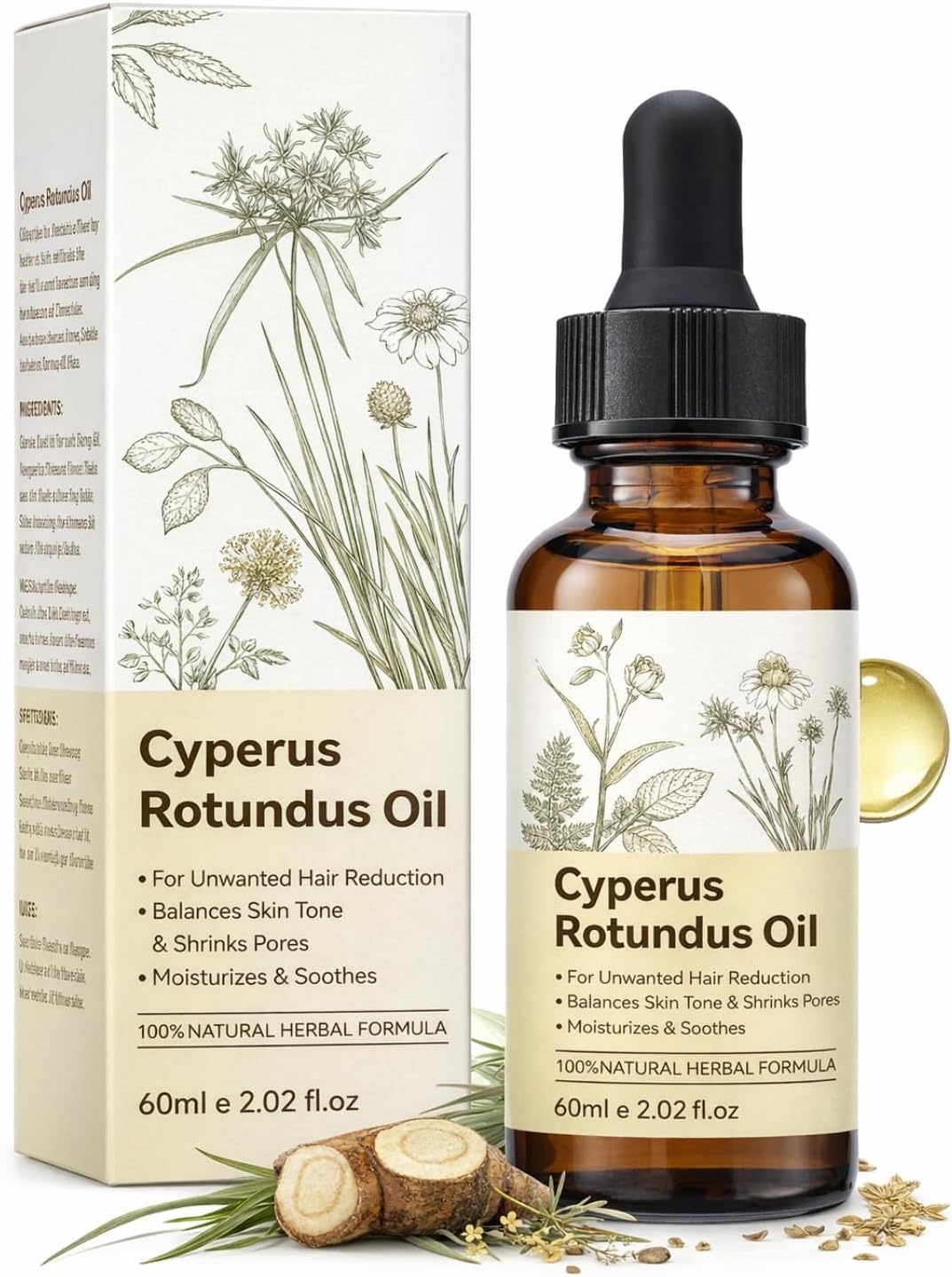 Cyperus Rotundus Oil for Hair Removal,Reduces Unwanted Body Hair Growth,Hair Removal Oil Moisturizes & Soothes Skin, Shrinks Pores, for All Skin Types, 60 ML