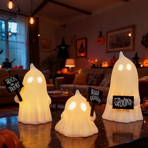 FORUP Halloween Ghost Decor, Set of 3 Lighted Cute Ghost