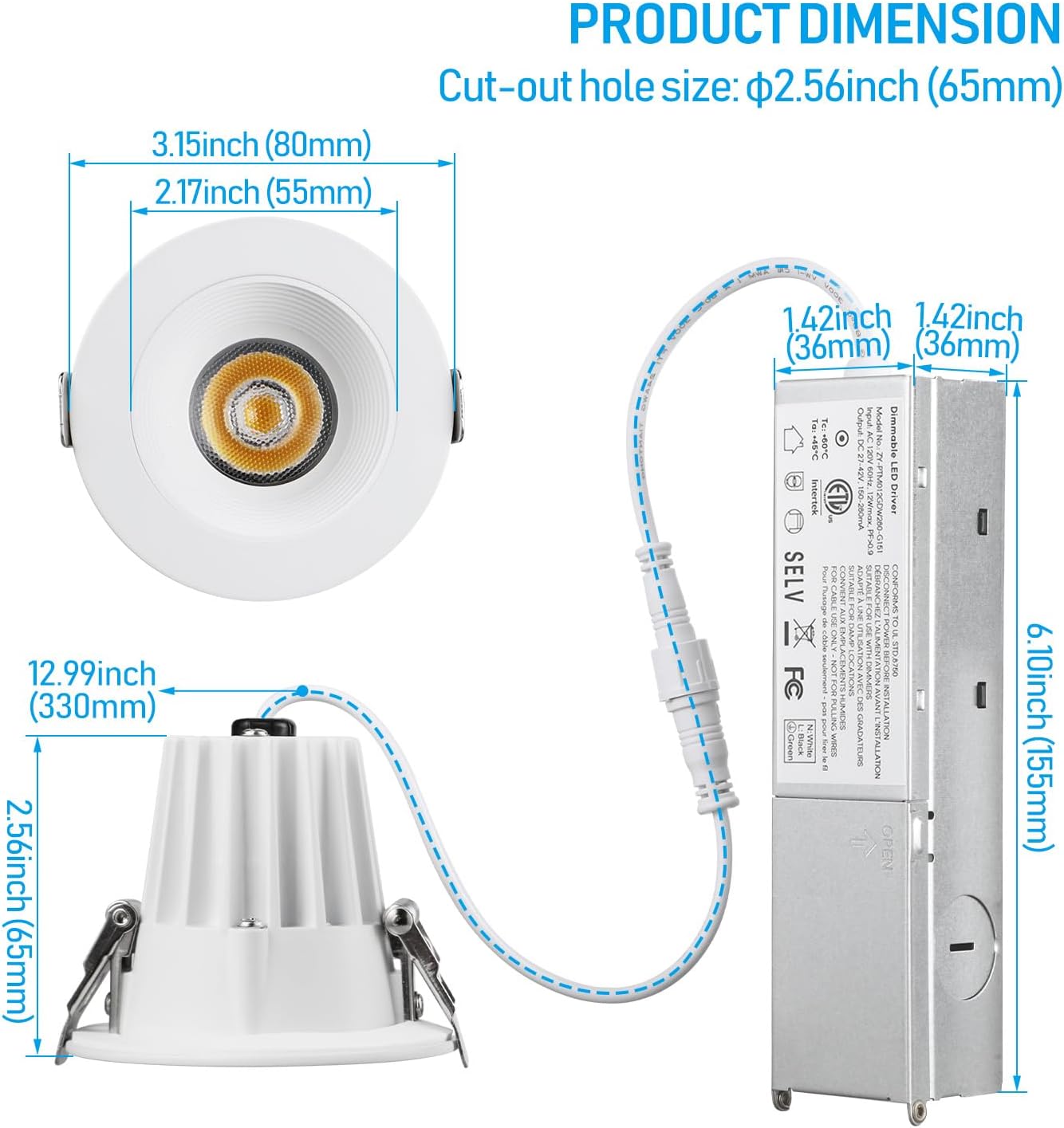 TORCHSTAR 5CCT 2 Inch LED Recessed Lighting with Junction Box, 600lm CRI90+ Dimmable Anti-Glare LED Downlight, IC Rated, ETL Listed, 2700K/3000K/3500K/4000K/5000K Selectable, Baffle Trim, Pack of 6
