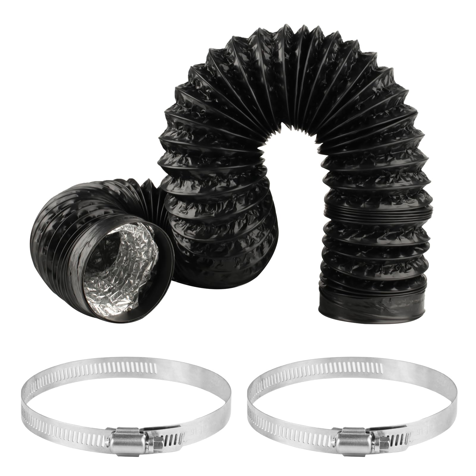 Wąż powietrza wylotowego PCW, 100 mm, czarny, wąż wentylacyjny 100 mm, długość 2 m, wąż elastyczny, rura aluminiowa, wąż do klimatyzacji, okapu wyciągowego, wentylatora wyciągowego, 2 zaciski ze stali