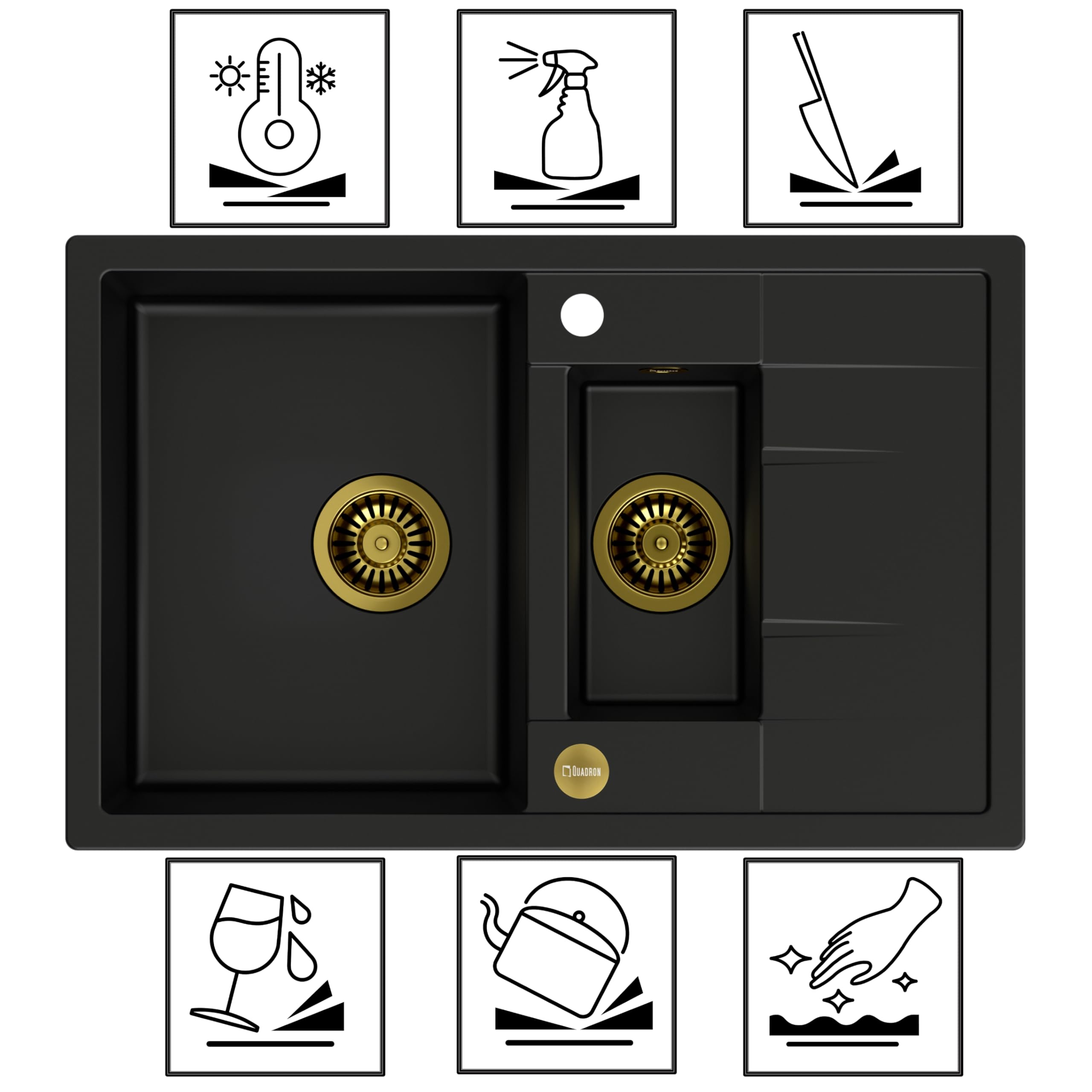 QUADRON fregadero de granito | tamaño 78 x 50 x 22 cm, color: Pure Carbon + Golden | MORGAN 156 fregadero de cocina de dos cubetas con escurridor | con orificio para grifo