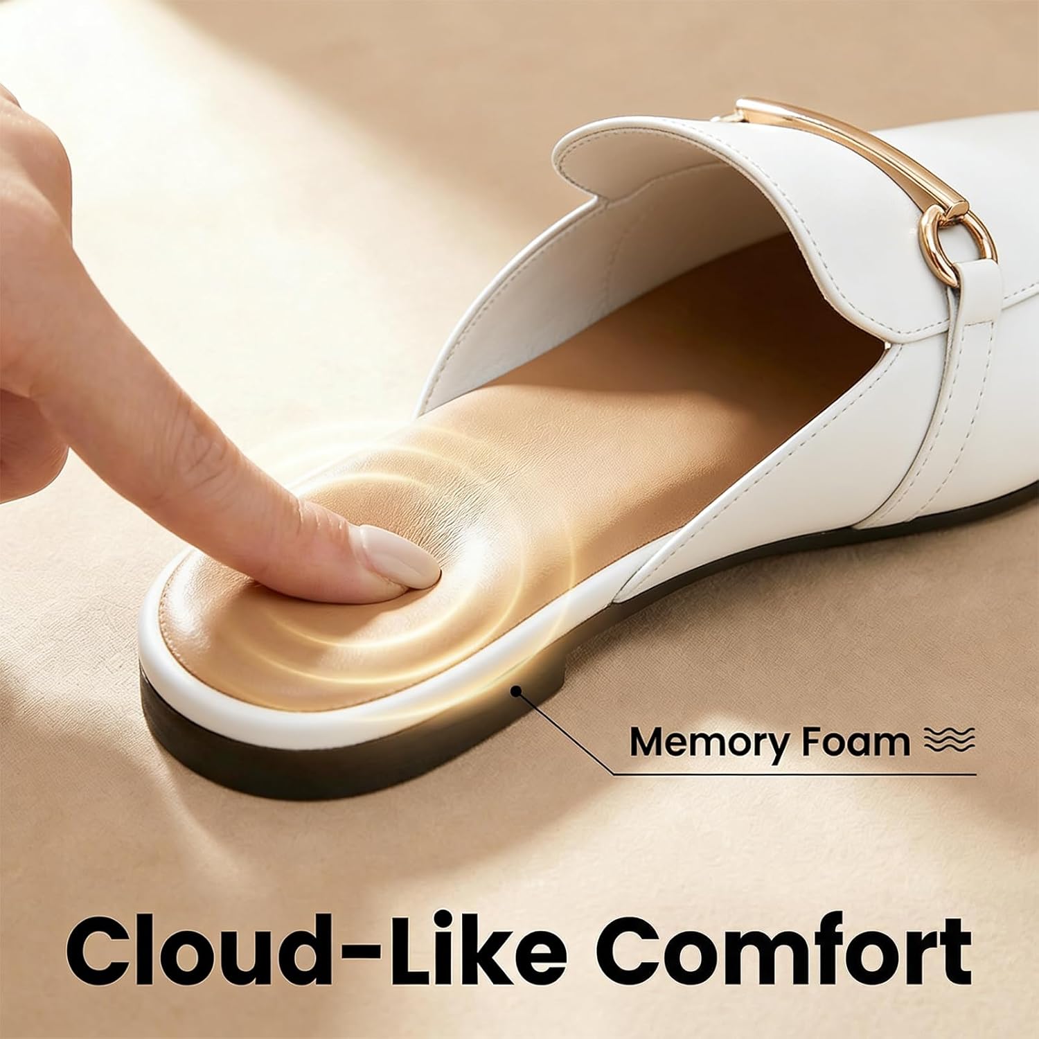 MUSSHOE Gold Buckle Mules for Women - Comfortable Memory Foam Loafers, Classy Slip On Flats for Office Business Casual, Dressy Pointed Toe Shoes - Image 4