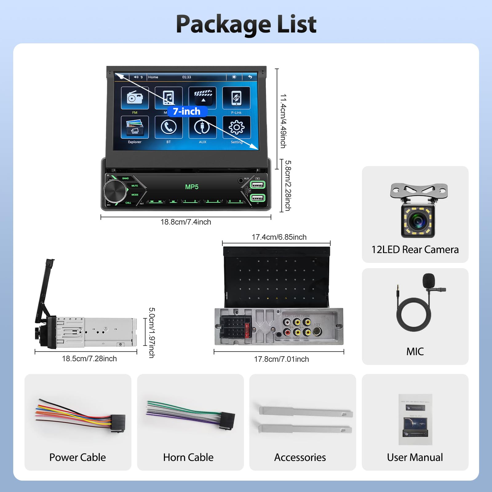 Autoradio Motorsi 7'' con Schermo 1-DIN Bluetooth, Display touch HD retrattile manuale, Singolo DIN Radio, per iPhone e Android, Mirror Link, USB/SWC/radio FM/AUX/TF, Telecamera Posteriore, Microfono