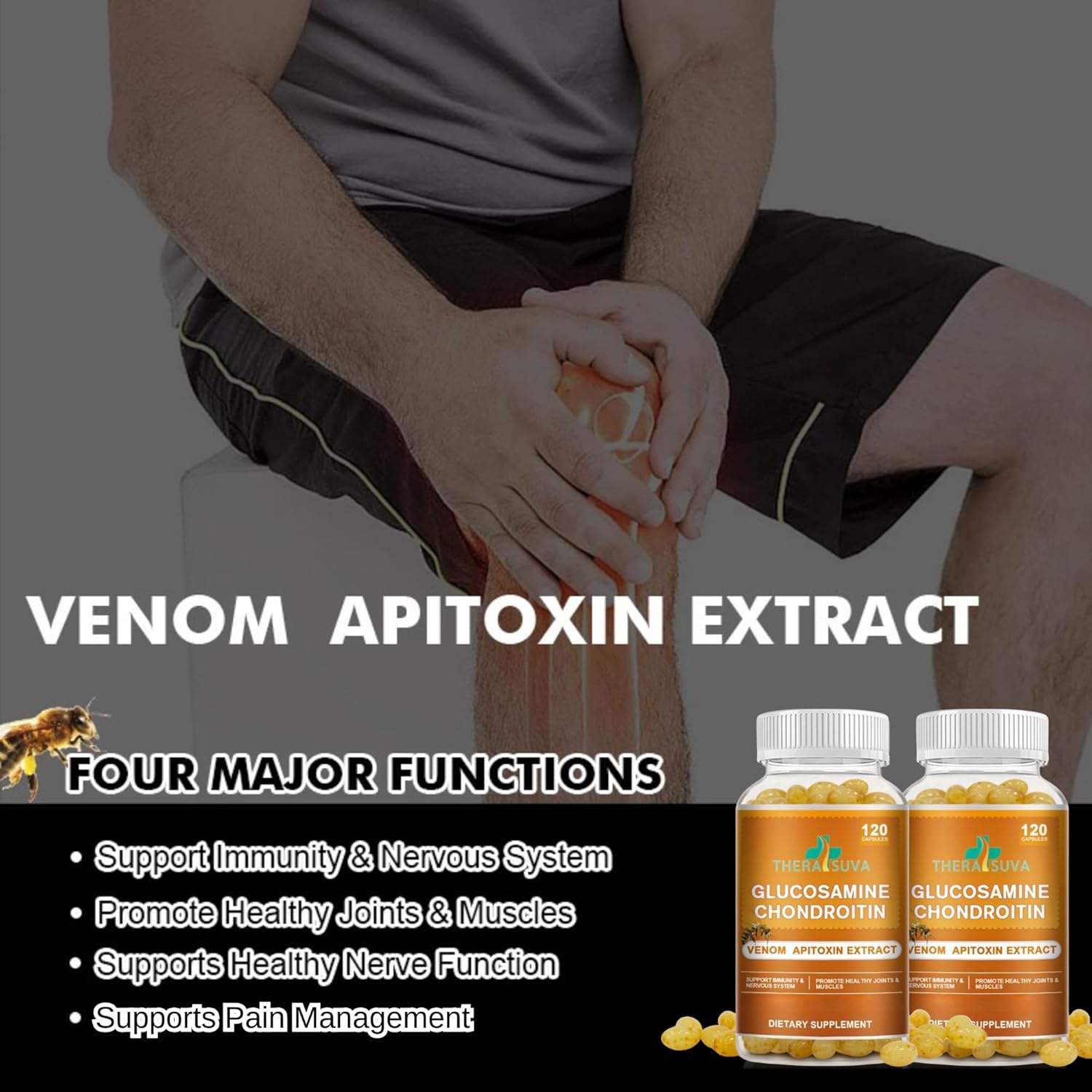 Glucosamine Chondroitin Complex with Raw Honey & Bee Venom – Natural Joint Support, Mobility & Flexibility Supplement, 2 Month Supply, 120 Softgels