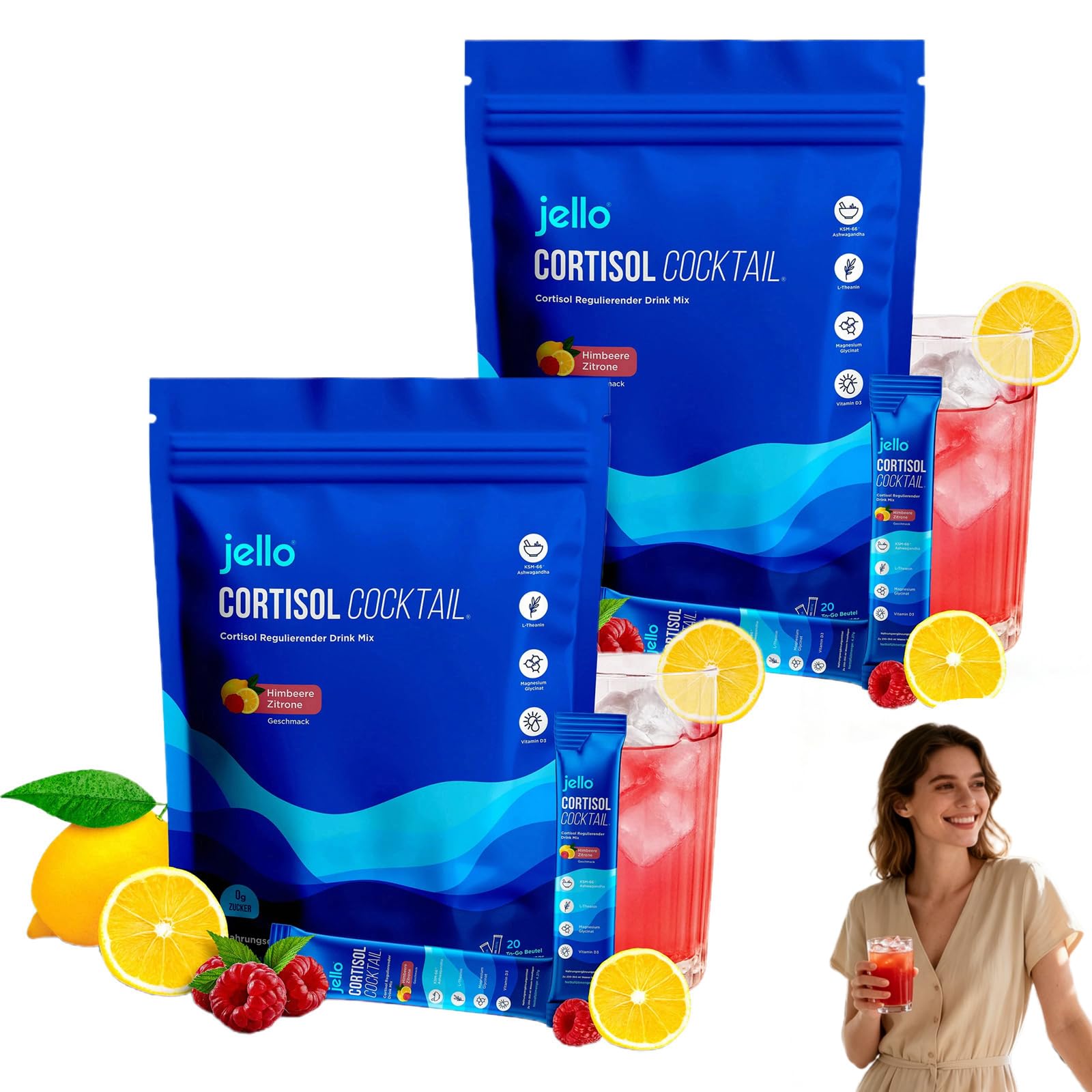 Jello Cortisol Cocktail Powder, 40 Portionen Supercalm Drink für Cortisol Senken, Abnehmen & Stressabbau – Natürliche Konzentration & Balance, Vegan, Ohne Zusatzstoffe