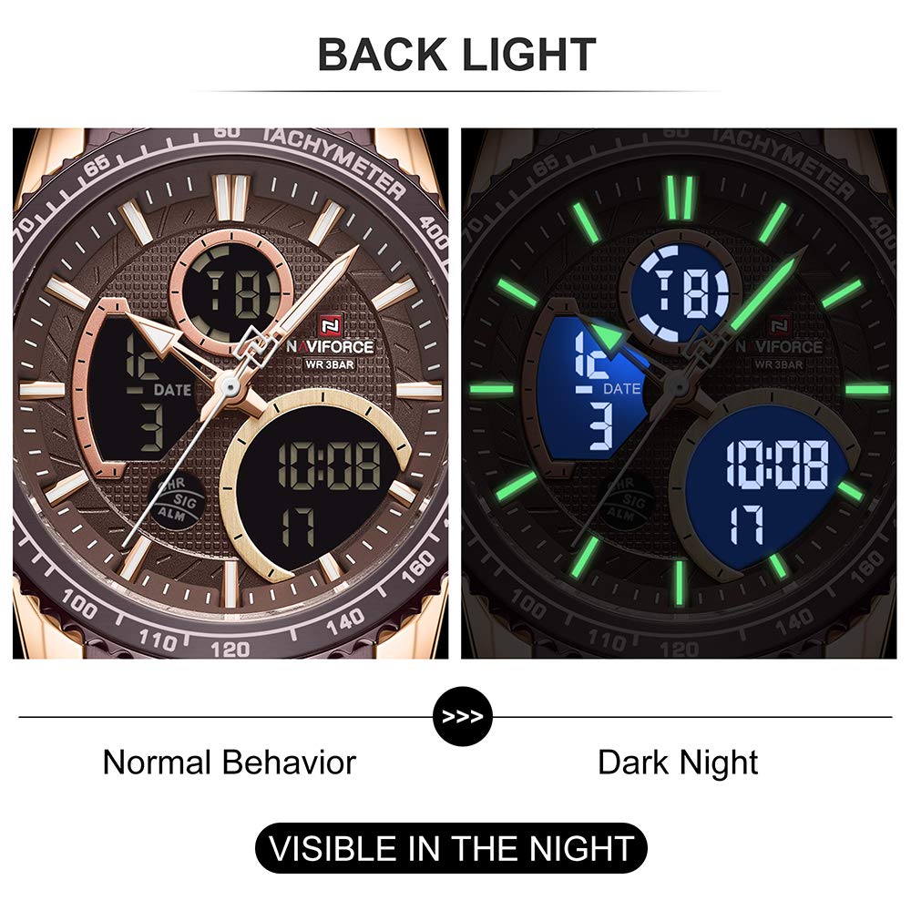 Naviforce Orologio Cronografo Sportivo Digitale da Uomo Orologio Multifunzionale in Acciaio Inossidabile al Quarzo Militare Impermeabile