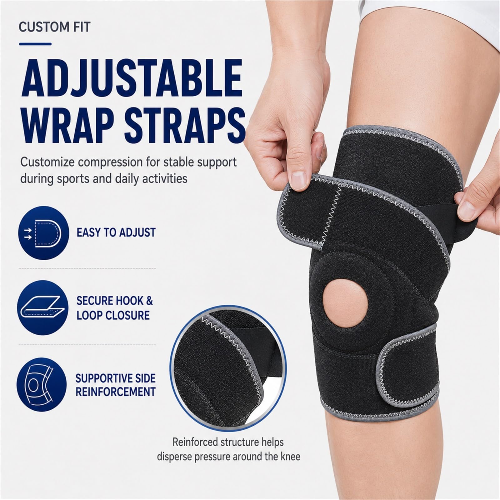 Kniebandage mit offener Patellastabilisierung zur Linderung von Meniskusrissen und Arthritissymptomen. Verstellbare Kompressionsbandage mit Gelpolster für die Rehabilitation nach Sportverletzunge