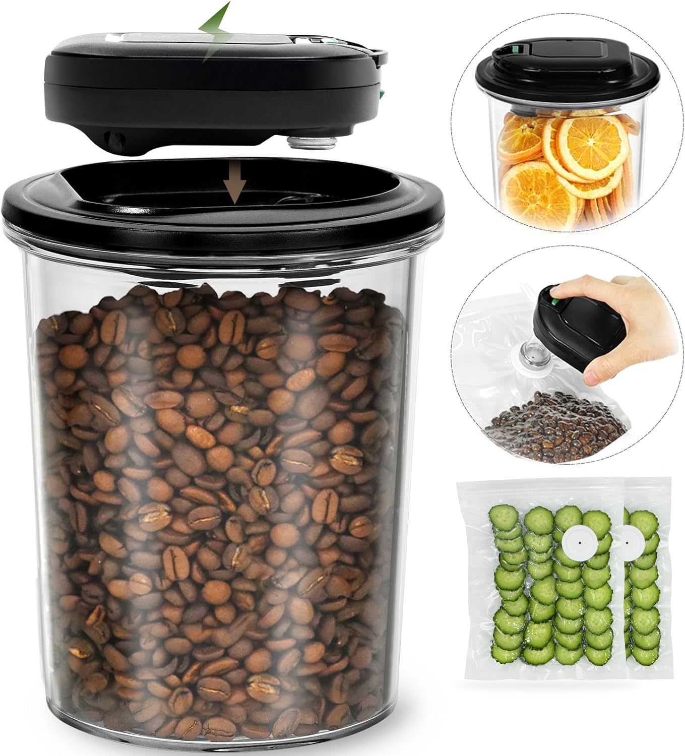 Electric Vacuum Coffee Canister - 1.5L Airtight Food Storage Container w/Pump, Patented Automatic Pressure Monitoring,One Press to Seal, Smell Proof. BPA-Free Tritan Vacuum Seal Canisters