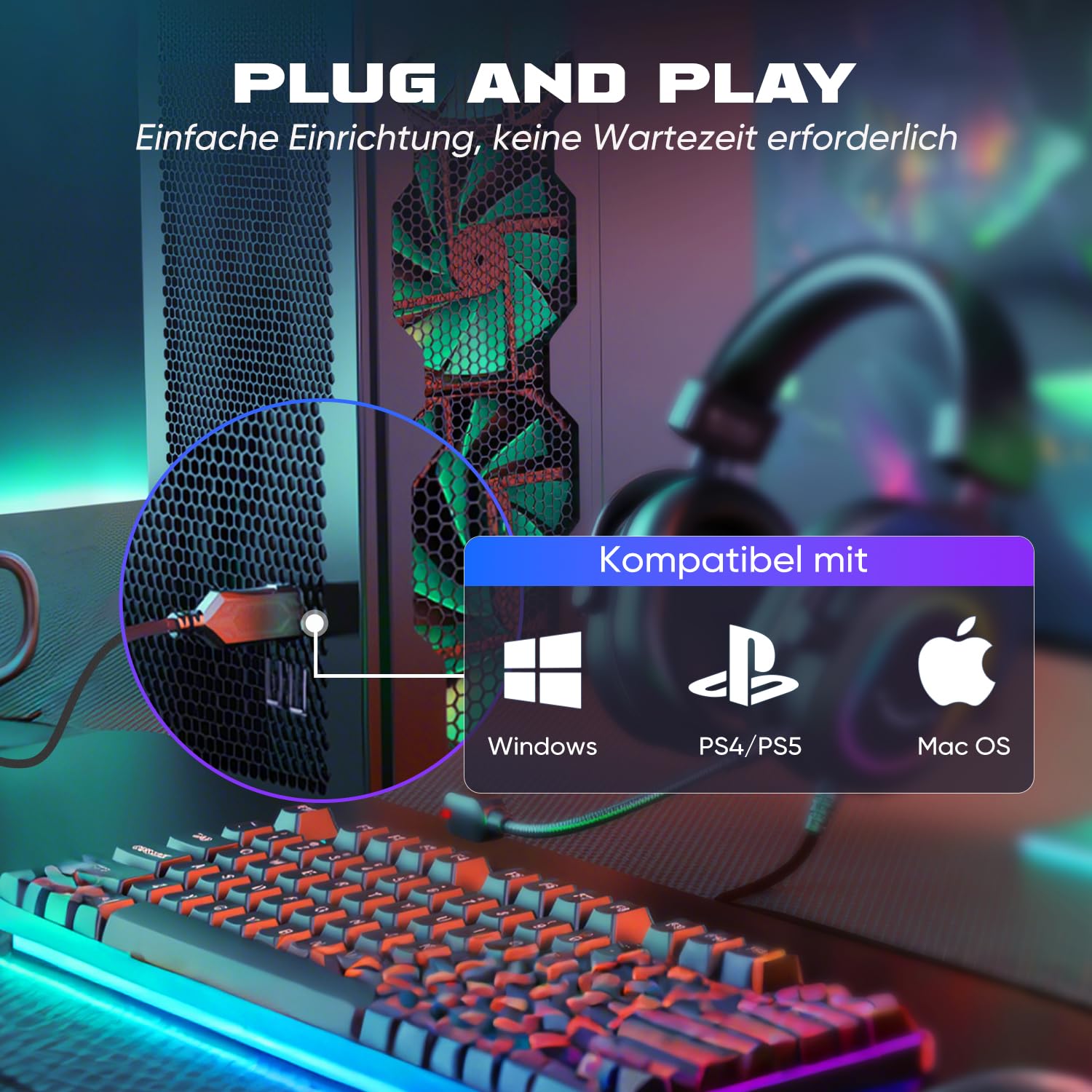 FIFINE Gaming Headset mit Mikrofon, Over Ear Kopfhörer mit Kabel, USB Headset für PC PS4 PS5, RGB Headphone mit 3 EQ-Modi, Surround Sound und Ohrpolster