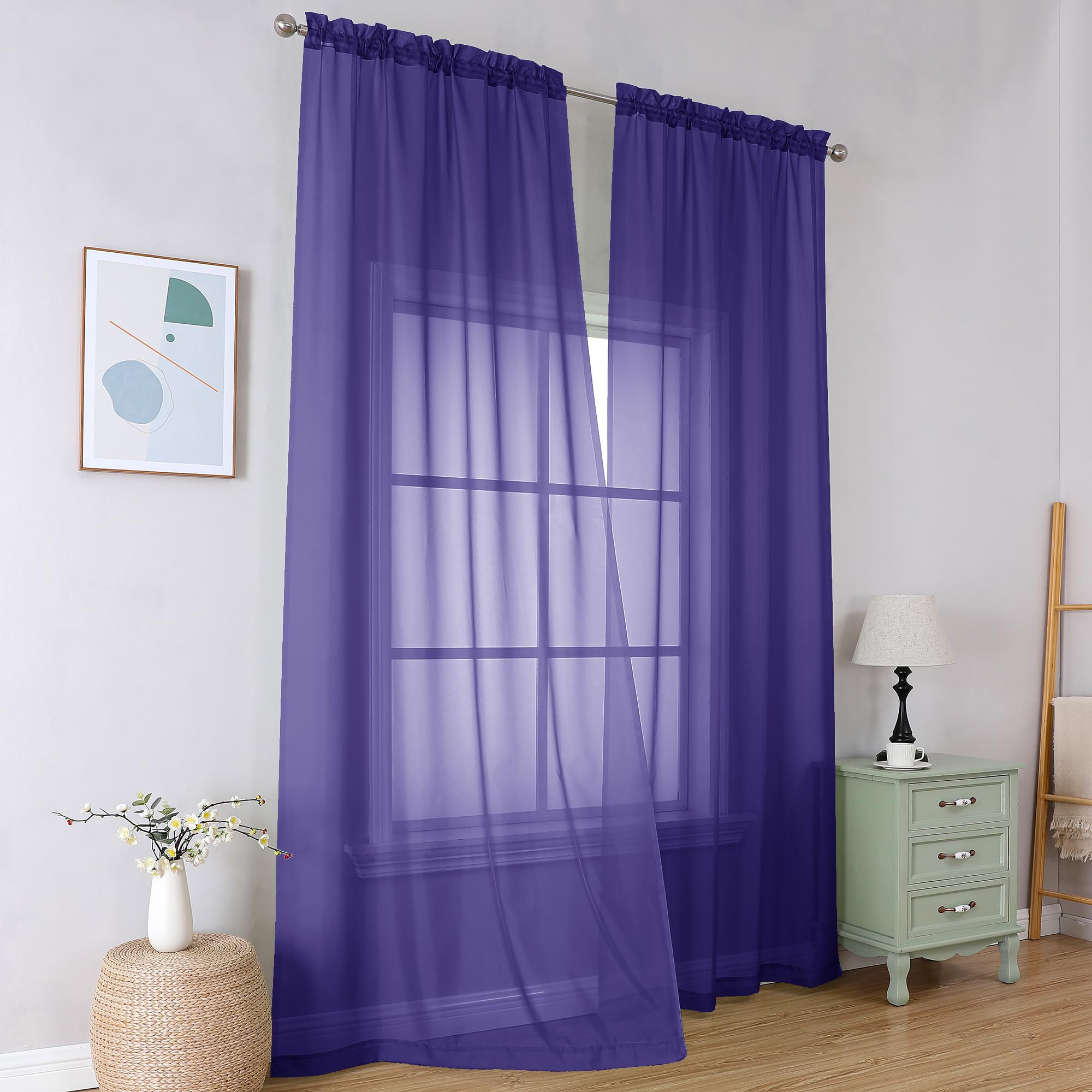 Simplebrand Purple Sheer Curtains 96 Inches Long 2 Panels for Living Room
