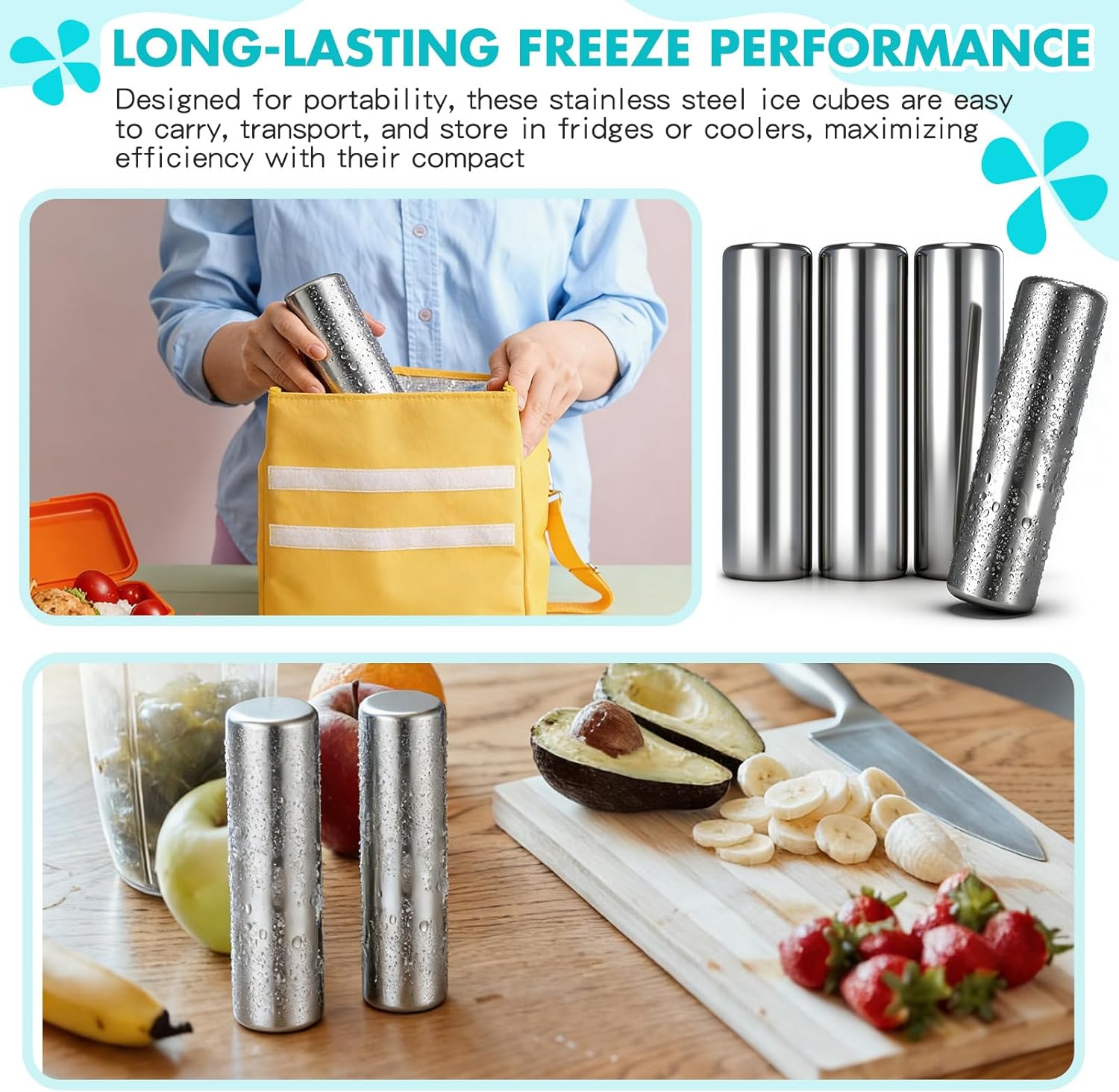 Honeydak 4 Pcs Stainless Steel Ice Packs for Lunch Boxes Travel Reusable Freezer Packs 304 Food Grade Metal Cooling Cube for Bag Cooler Bento Box Camping, No Water Needed
