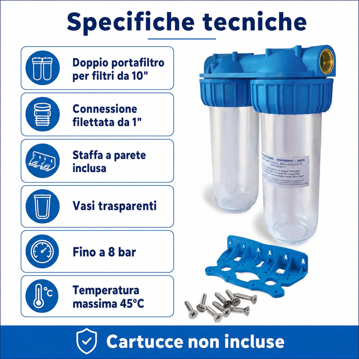 Sistema filtro acqua doppio 10" per casa e impianto domestico, portafiltro universale per sedimenti, cloro, sabbia e impurità, compatibile cartucce standard 10 pollici, installazione facile a parete
