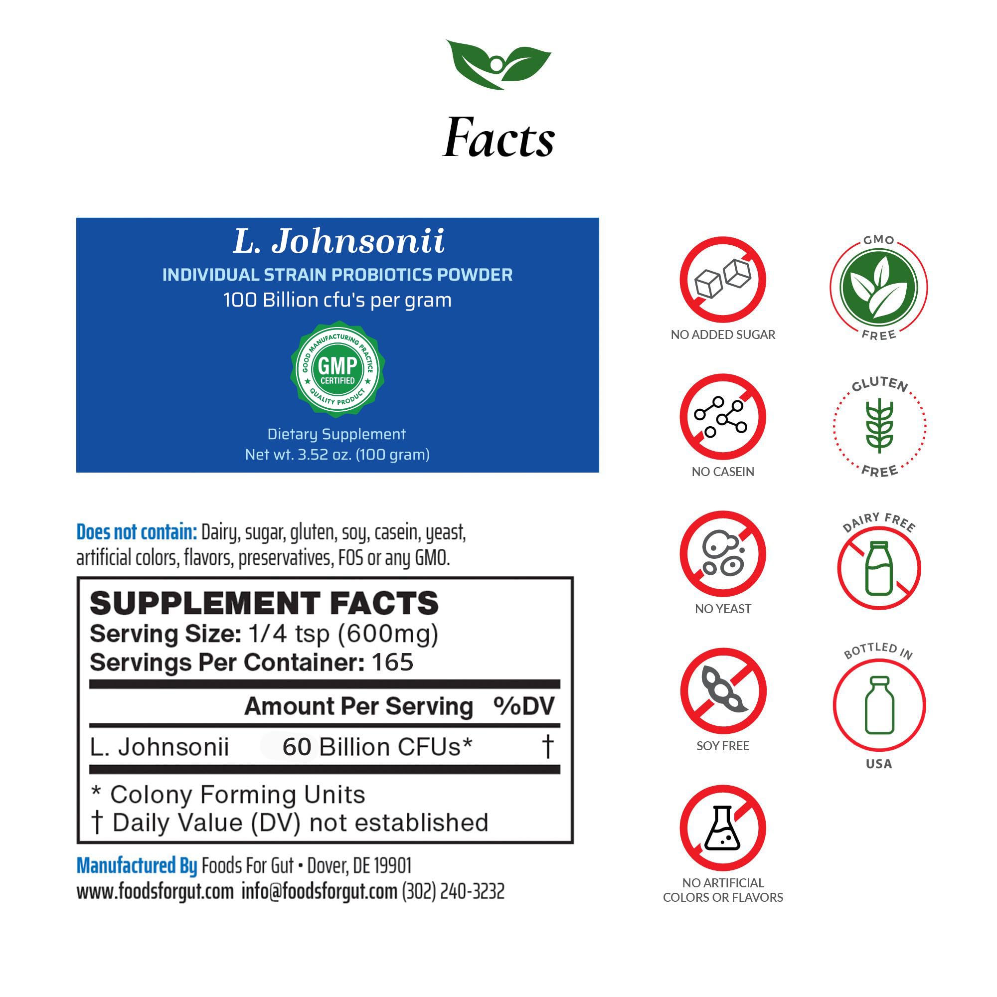 Foods For Gut Lactobacillus Johnsonii Probiotic Powder 100 Billion cfu's | No Additives | Digestive & Immune Support | High Potency | L. Johnsonii | (100 Grams)