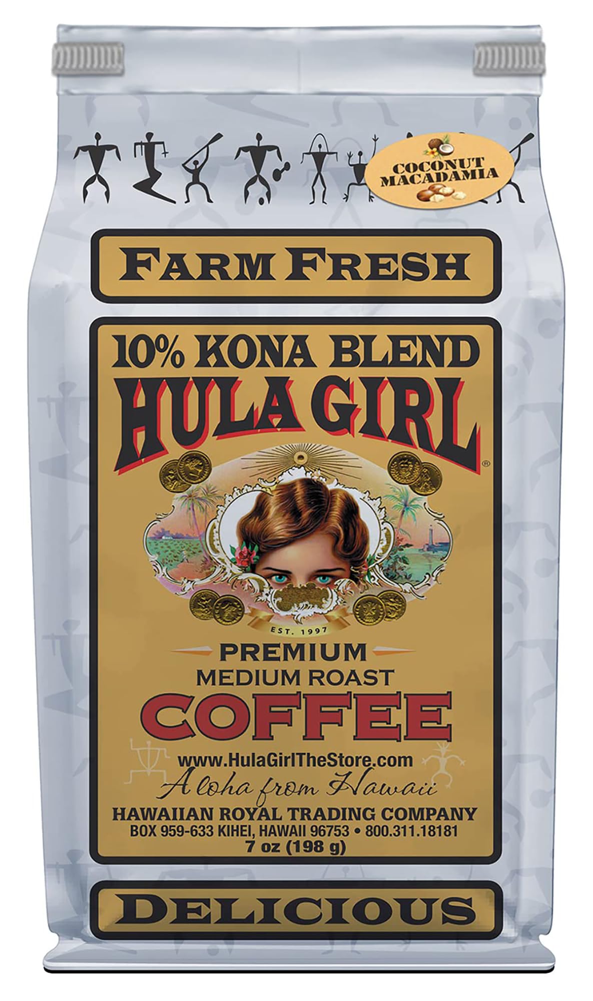 Hula Girl 10% Hawaiian Kona Coffee Blend Coconut Macadamia Nut 7oz bag (198grams)
