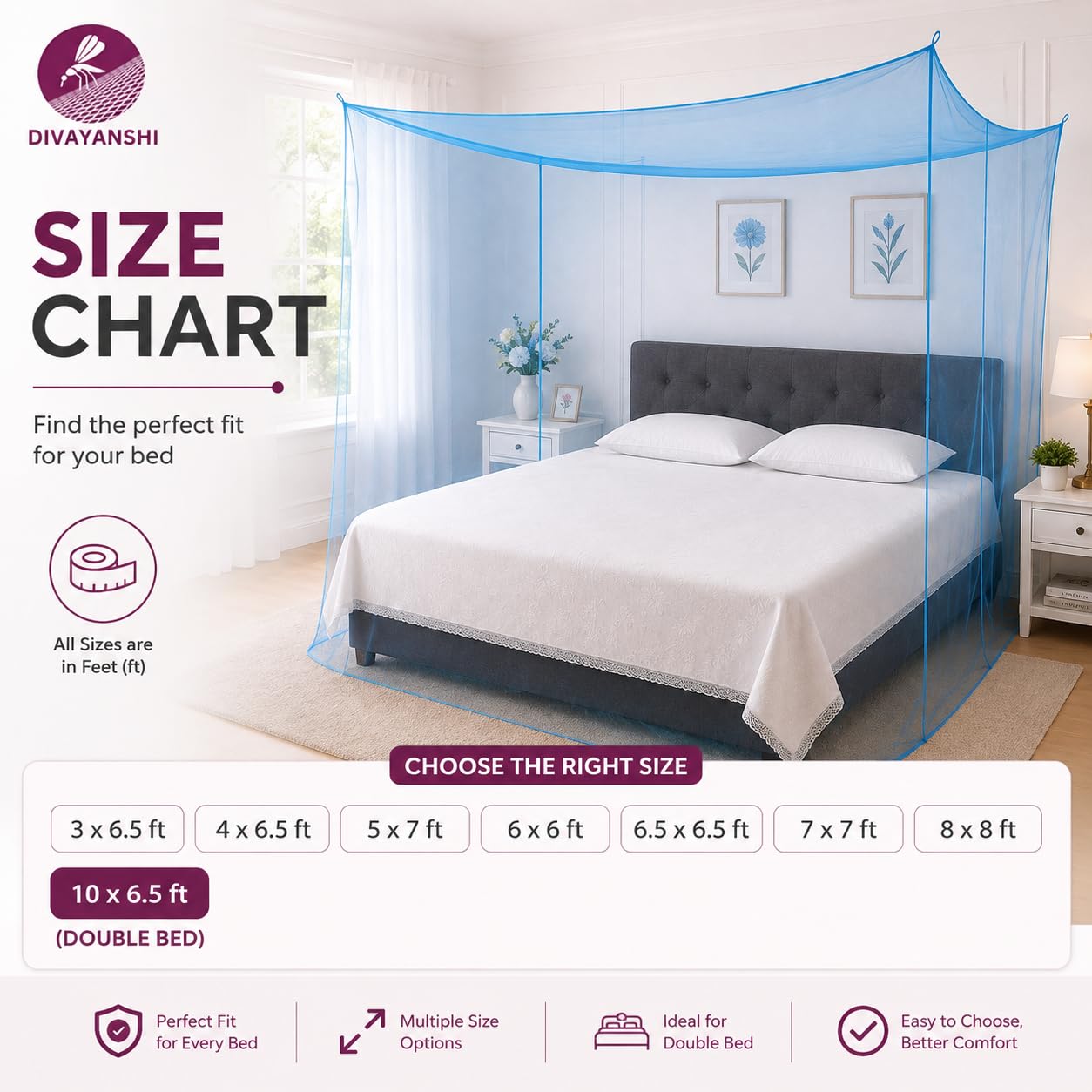 Divayanshi Mosquito Net - King Size, Portable & Breathable -5