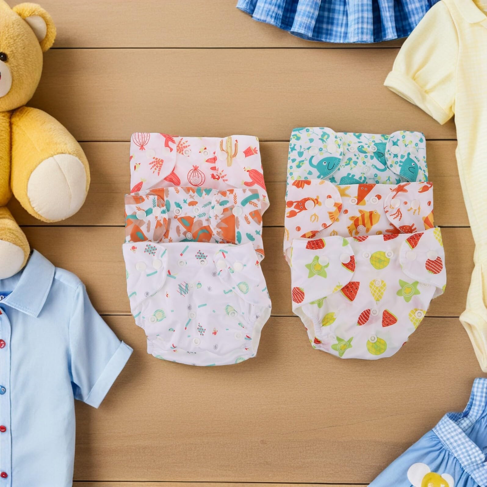 Pañales Reutilizables para Recién Nacido 6 Unidades con Ropa Interior Ajustable, Absorbente y Transpirable, Estampados Infantiles (cactus, Elefante, Fruta), Pañales de