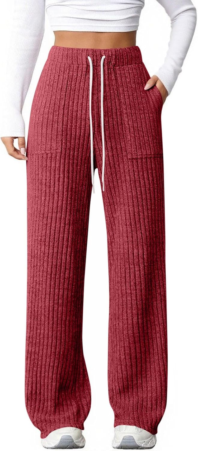 Womens Ribbed Wide Leg Pants with Pockets Casual Relaxed Comfy Loose Soft Knit Lounge Pant with Drawstring