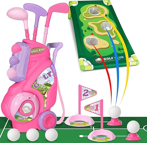 Juego de golf para niños y niñas de 2, 3 y 4 años, carrito de golf mejorado para niños con alfombrilla de putting y tabla de cornhole, juguetes