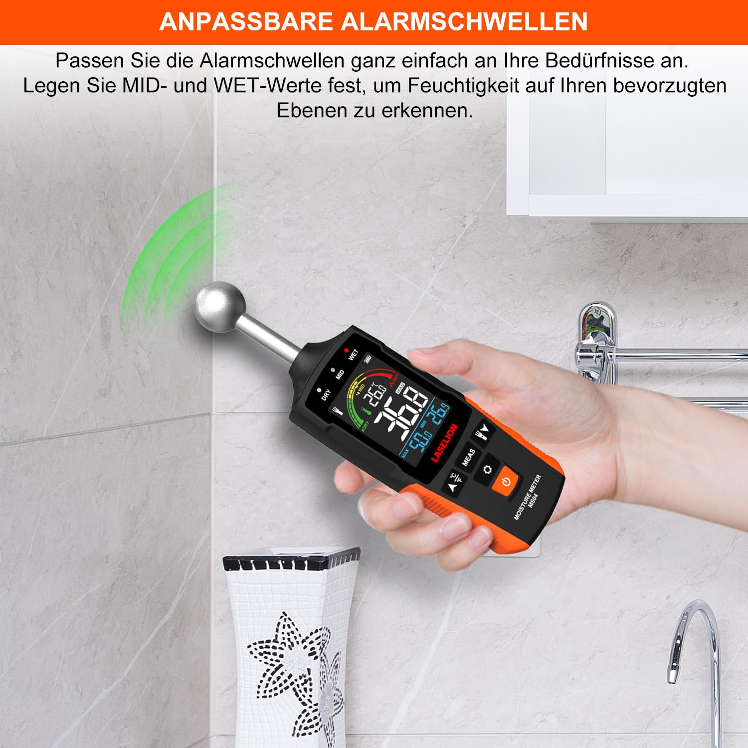 LASELION Wand Feuchtigkeitsmessgerät MS04 mit Kugelsensor für Zerstörungsfreie Bereichsscans, Ideal für Holz, Wände und Baustellenmaterialien, Anpassbare Feuchtigkeitsalarme und Temperaturanzeige